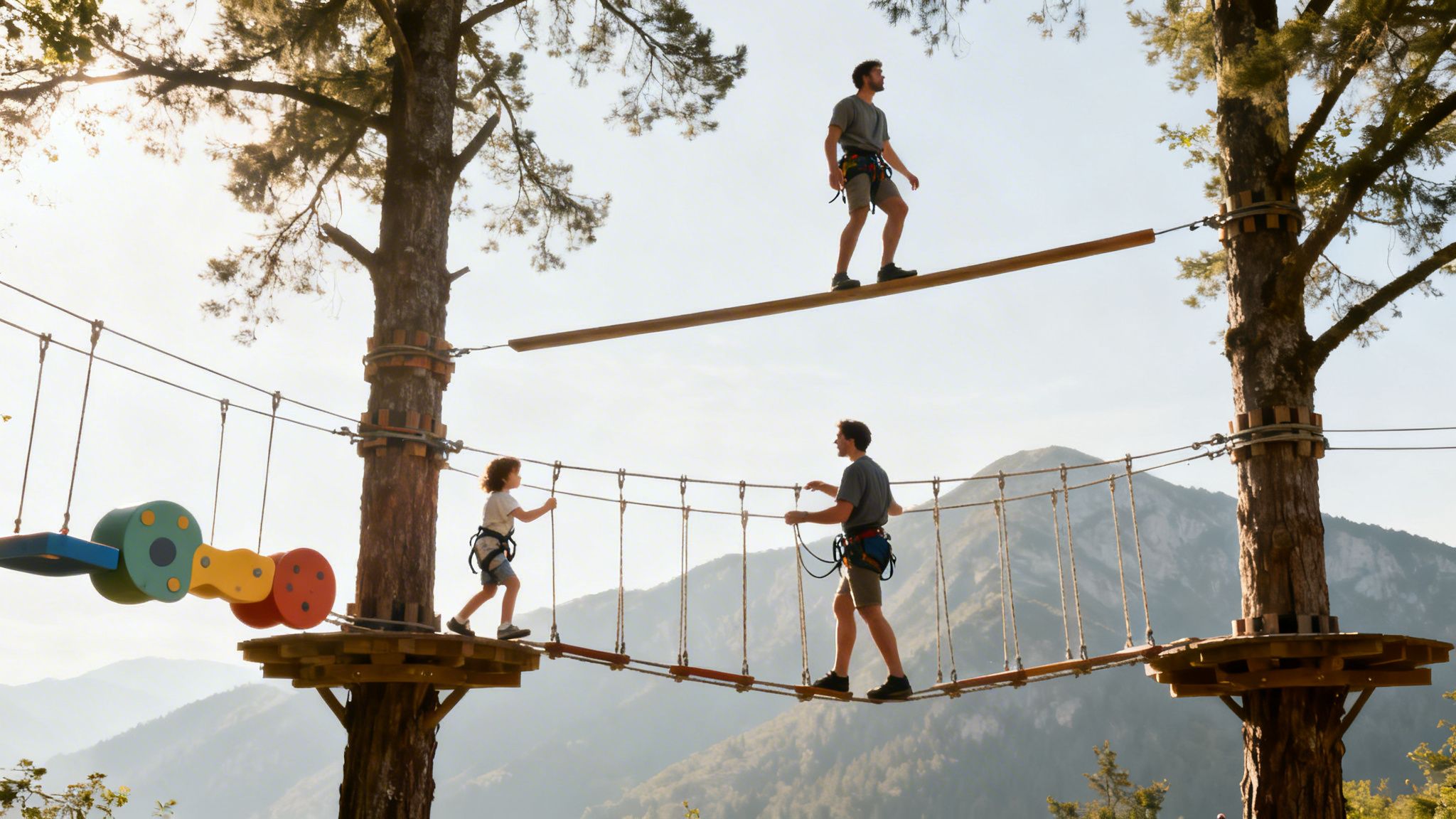 People of different ages navigate high ropes courses in an adventure park amidst trees and mountains.