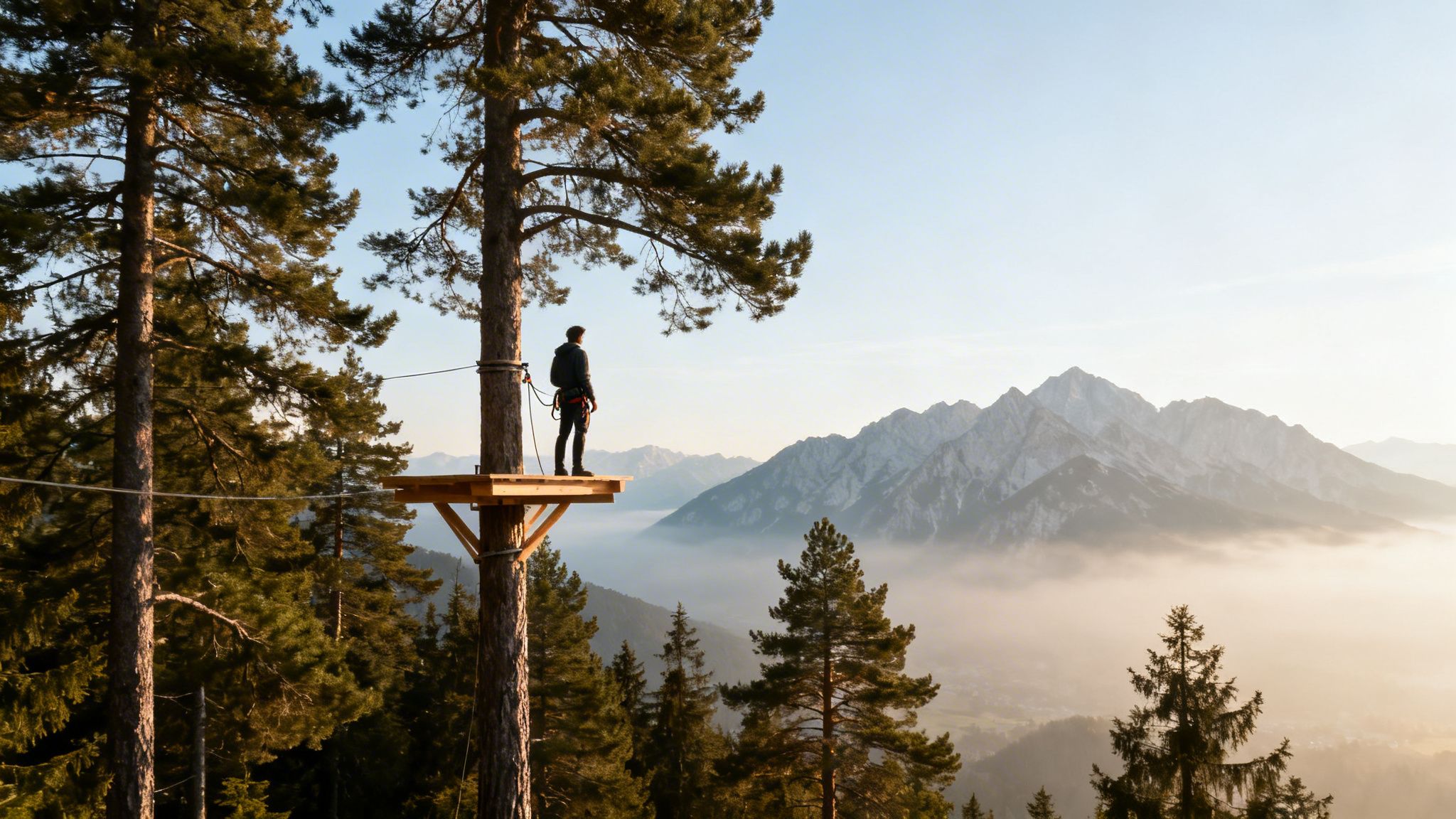 A person on a tree platform overlooks a foggy mountain valley at sunrise.