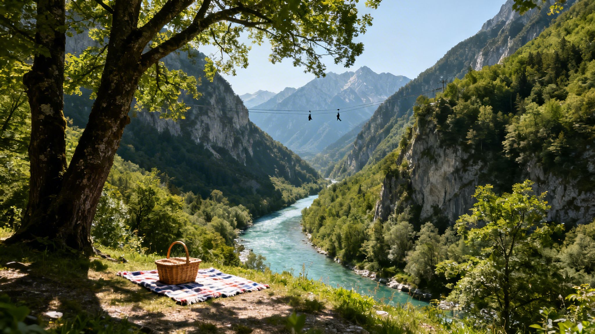 A vibrant river valley with lush forests and mountains, featuring zipliners and a serene picnic spot.