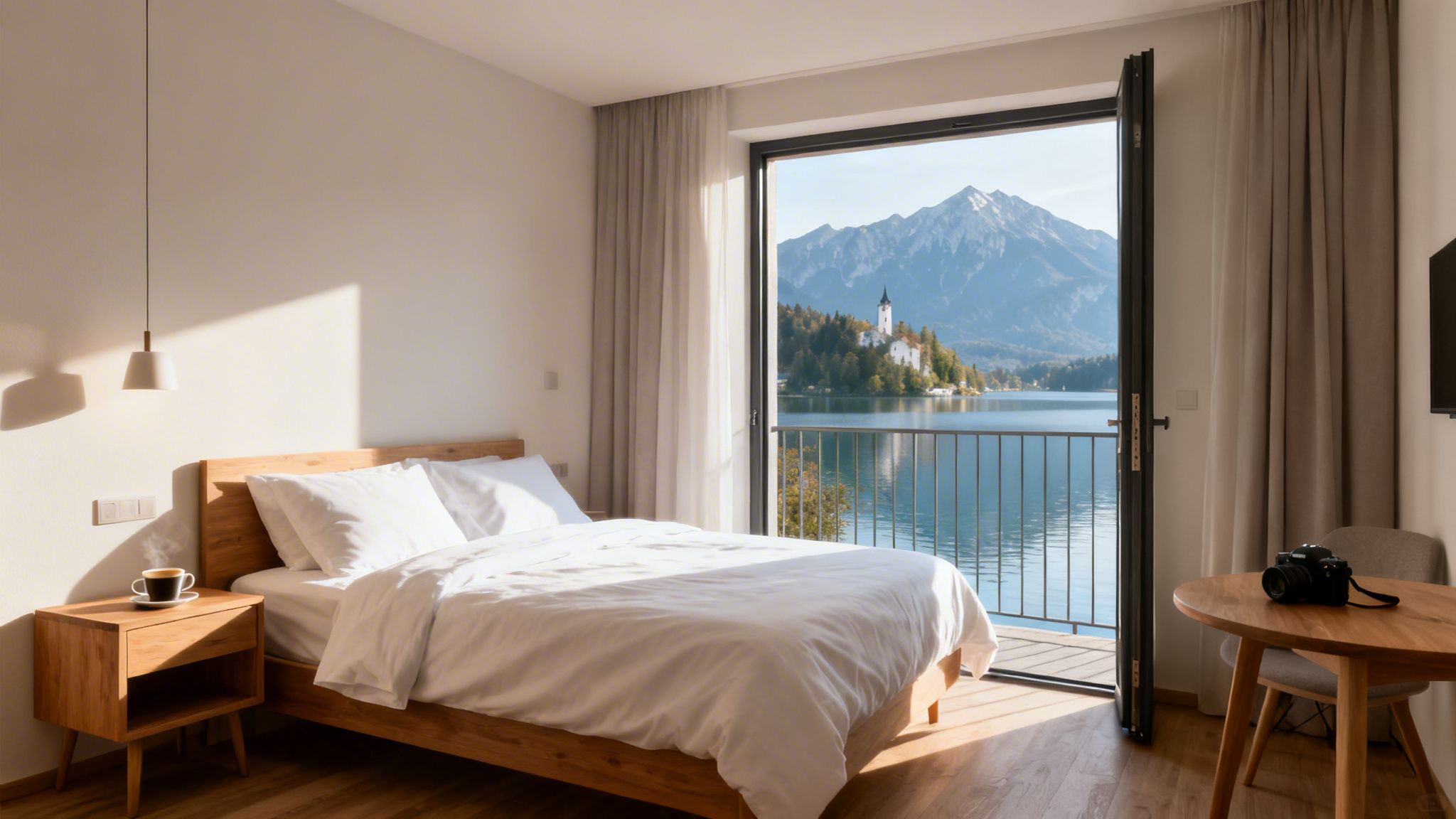 Bright hotel room overlooking a beautiful lake with an island church and majestic mountains.
