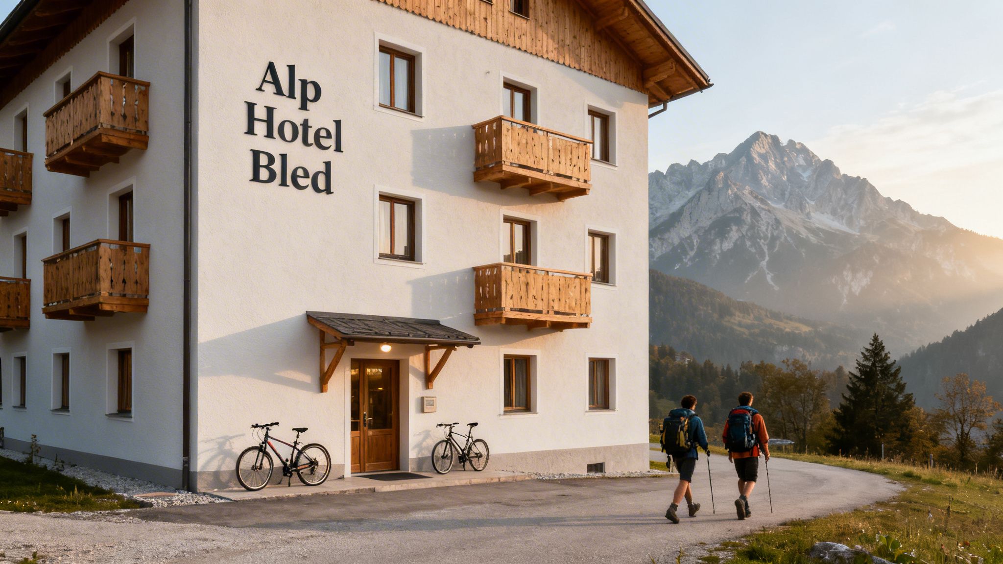 Two hikers walk from Alp Hotel Bled towards scenic mountains during a beautiful sunset.