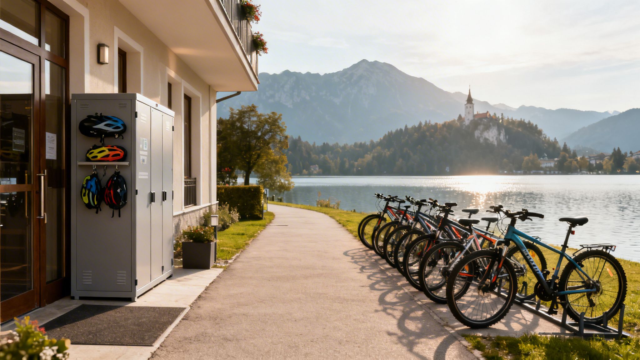 Bikes and helmets for rent at a lakeside hotel with scenic mountains and Bled Island.