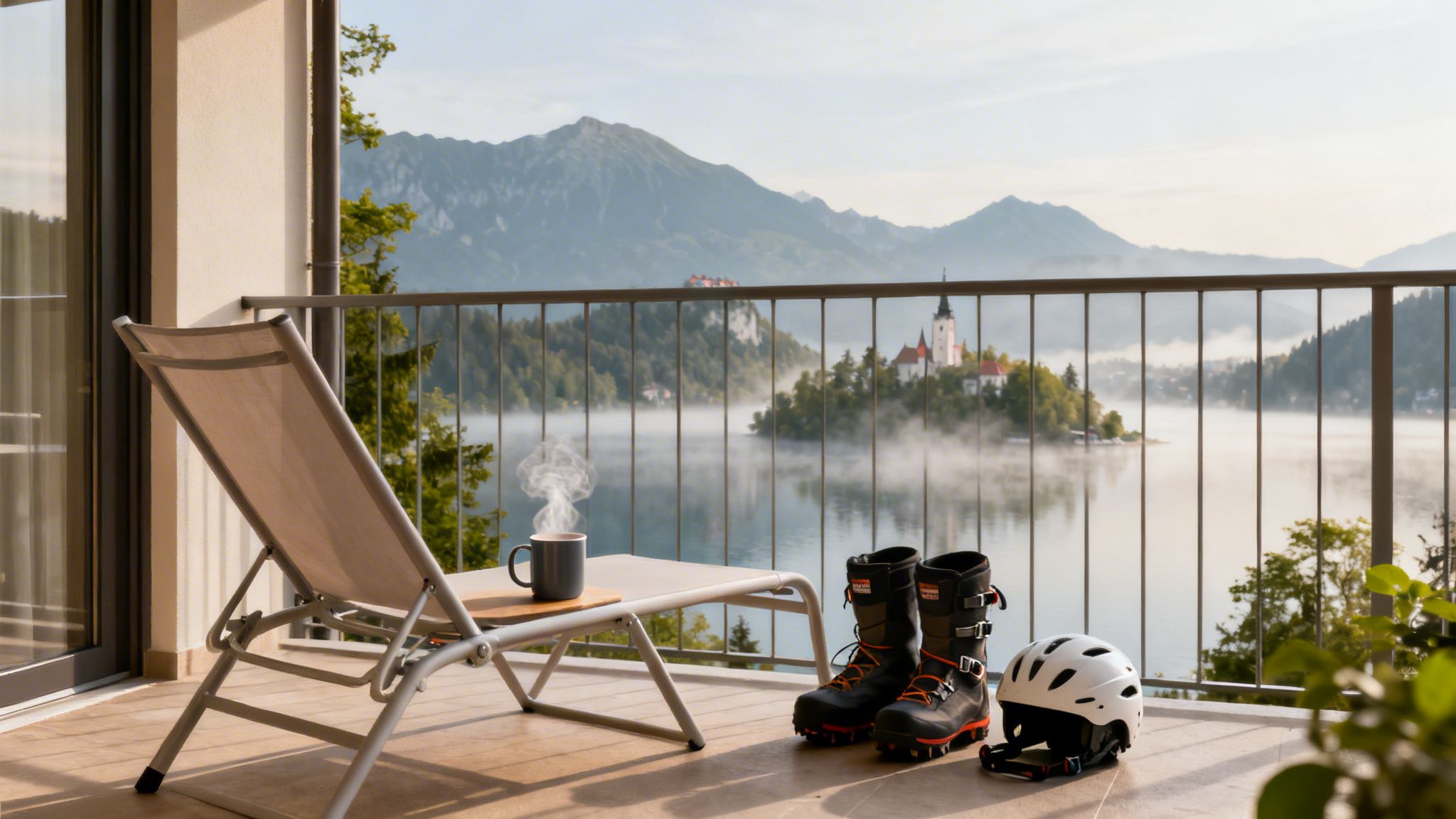 A balcony overlooks misty Lake Bled with a church island, featuring a steaming mug and ski gear.