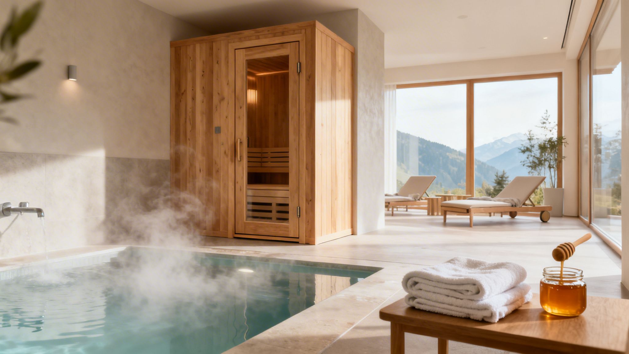 Luxurious indoor spa with a hot tub, wooden sauna, towels, and scenic mountain views.