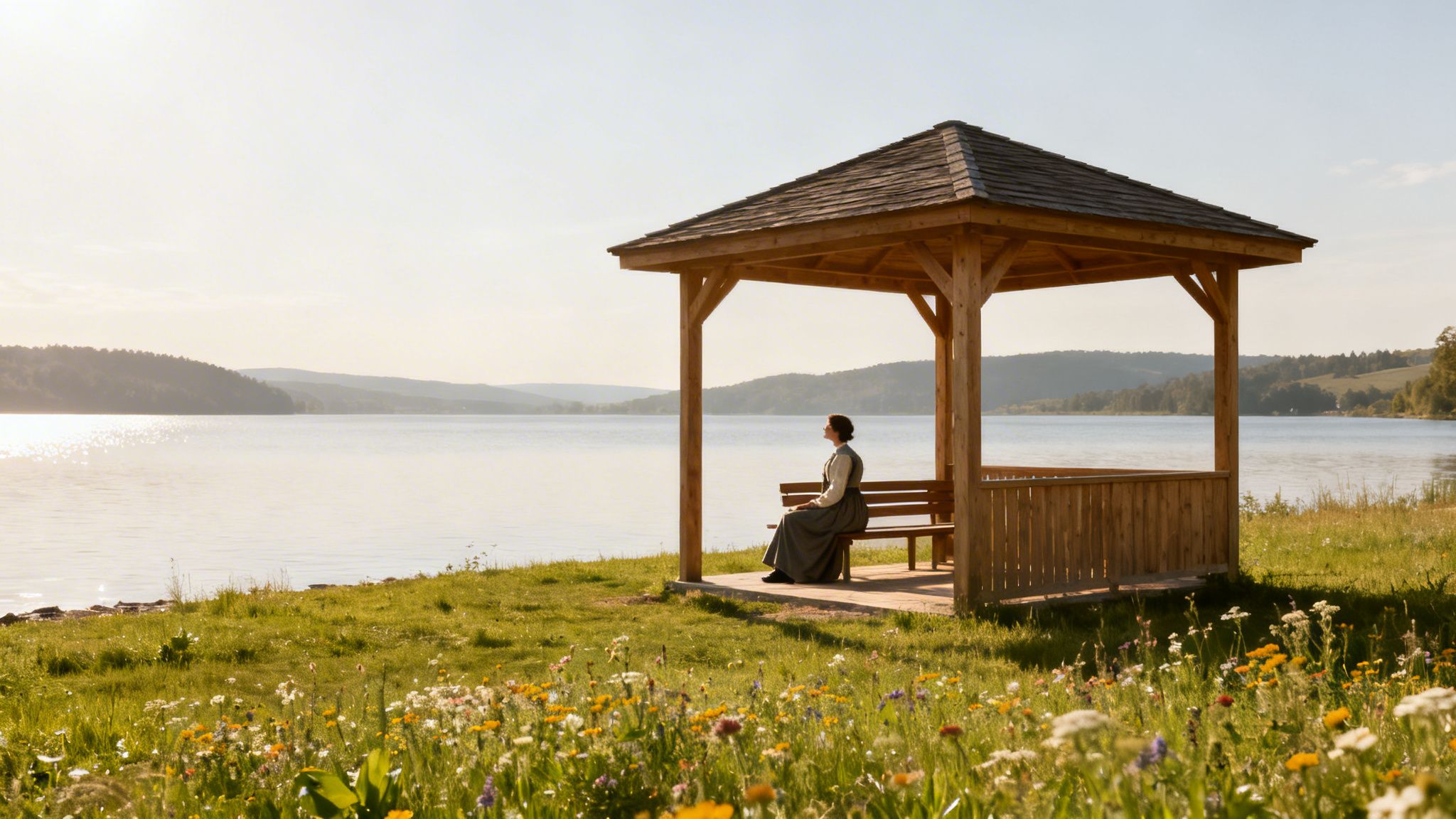 A woman in a historical dress sits in a lakeside gazebo, enjoying the tranquil view.