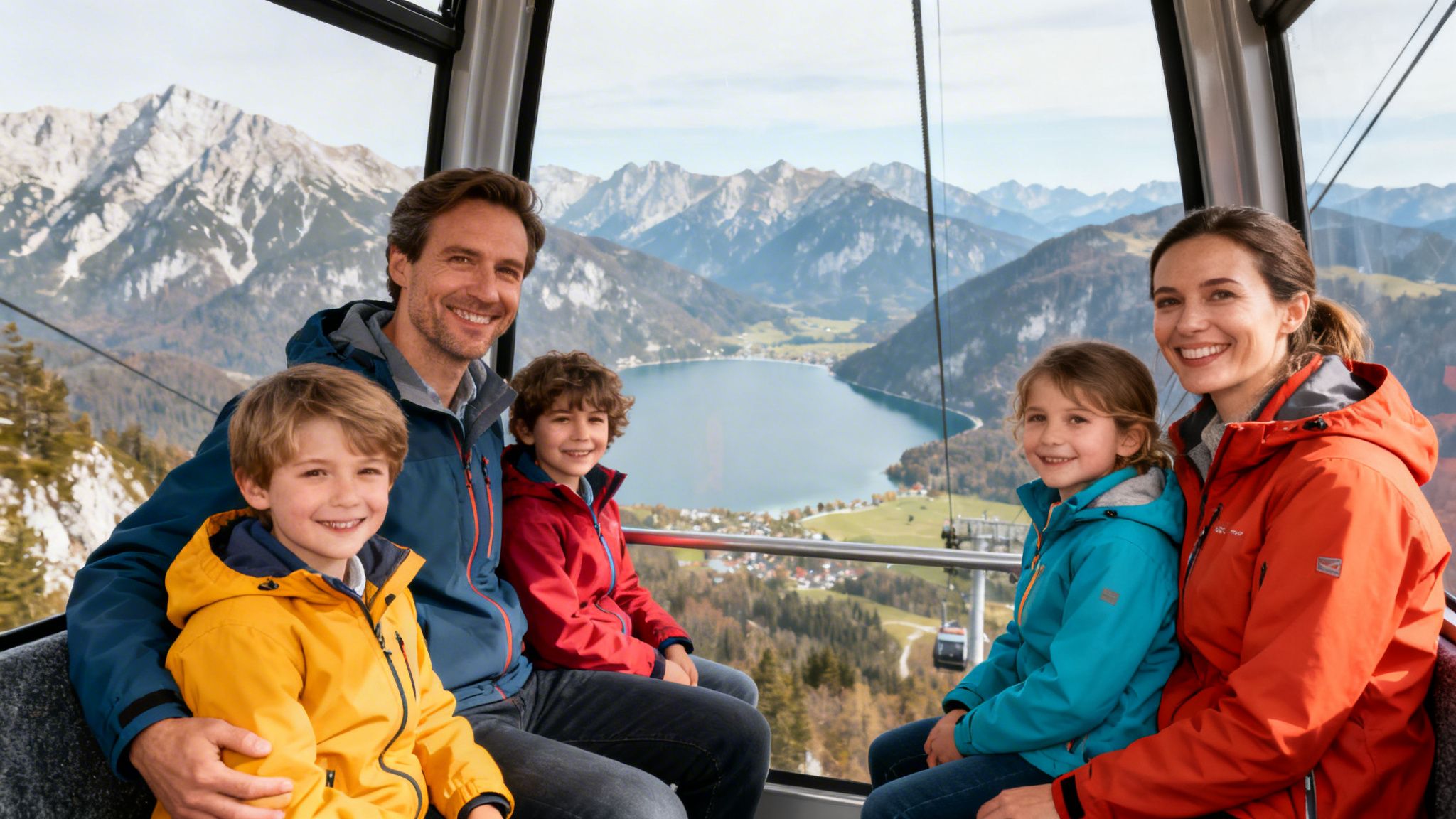 A happy family in a cable car smiles, enjoying a scenic mountain and lake view.