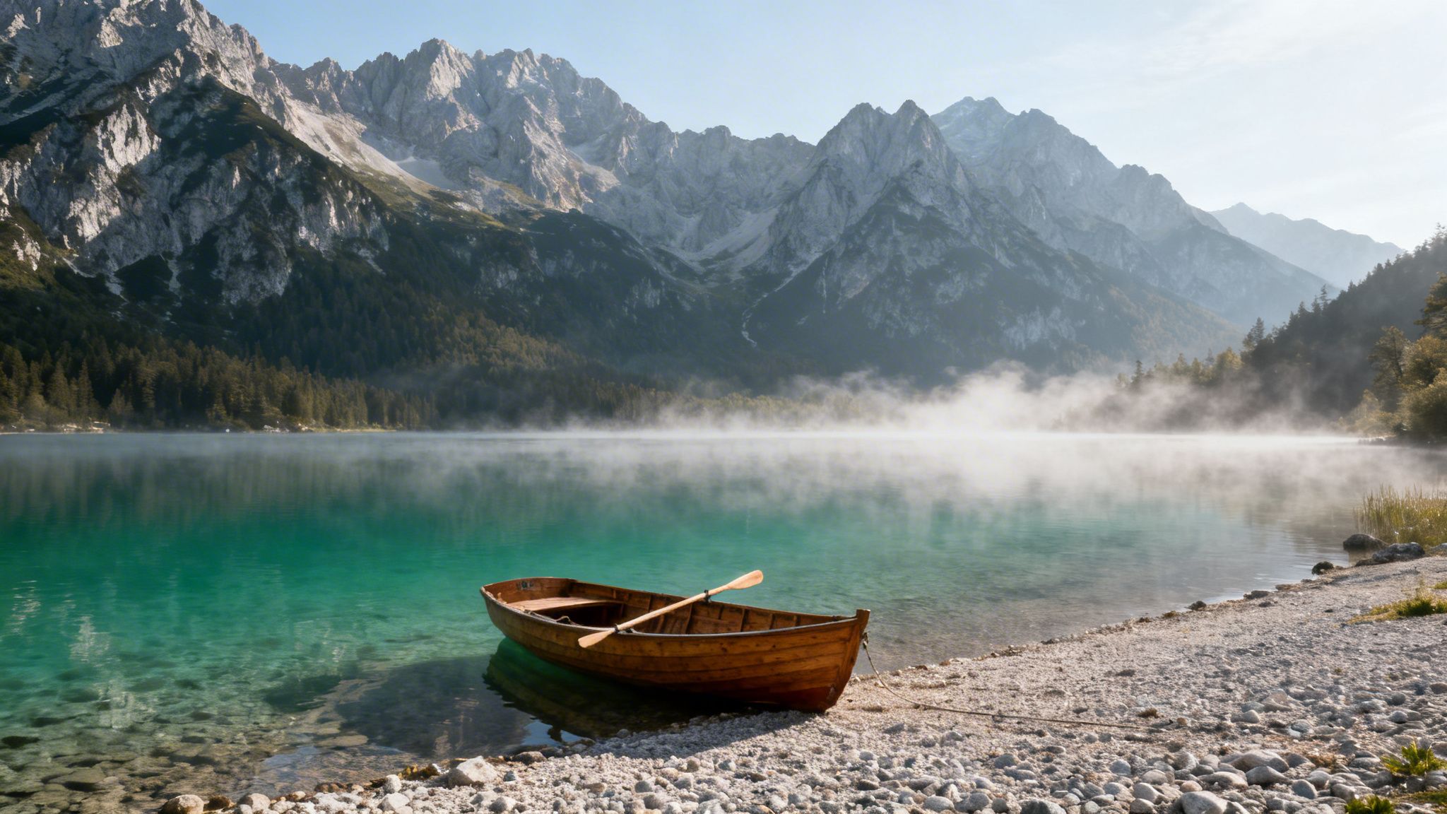 A wooden rowboat rests on the rocky shore of a tranquil, misty turquoise lake surrounded by mountains.