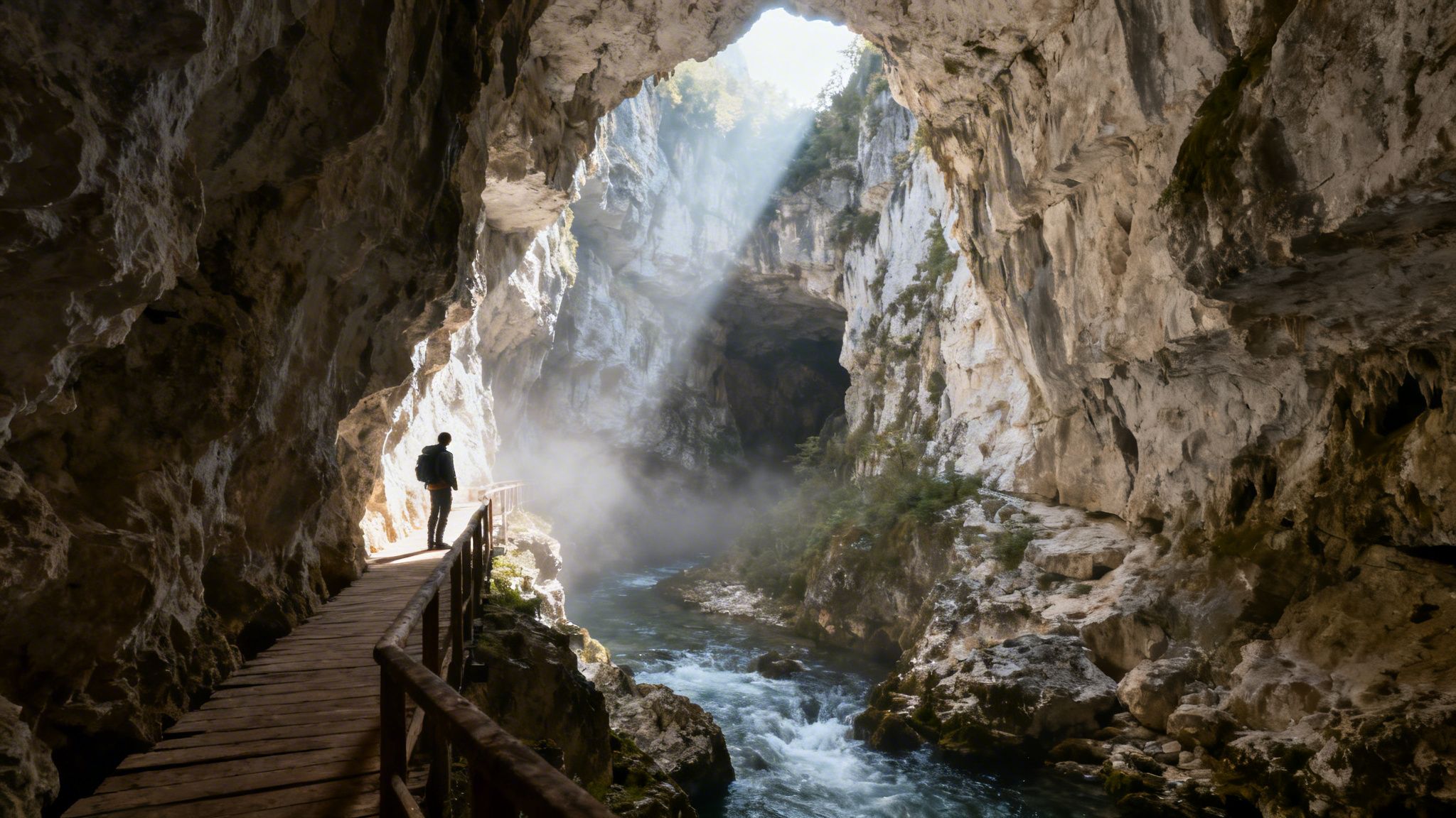 A lone hiker on a wooden path inside a vast cave, with sun rays illuminating the misty river below.