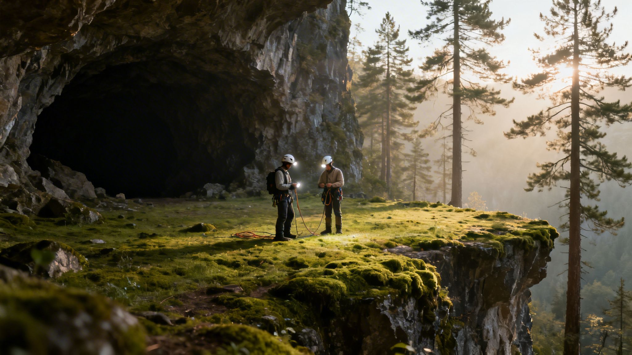 Two cavers with headlamps preparing near a dark cave entrance on a mossy cliff at sunrise.