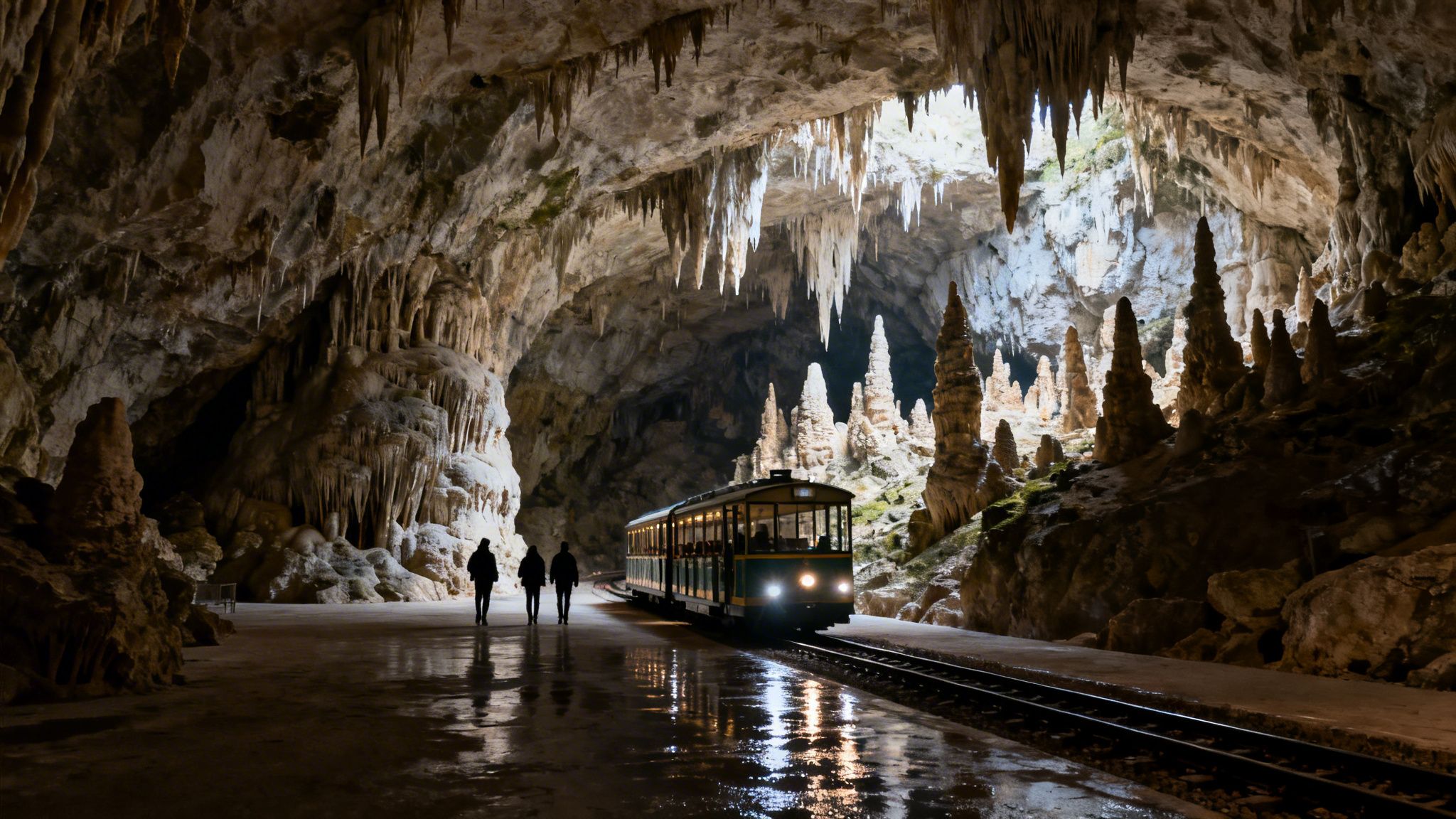 People walk past a tourist train inside a large illuminated cave with many stalactites and stalagmites.