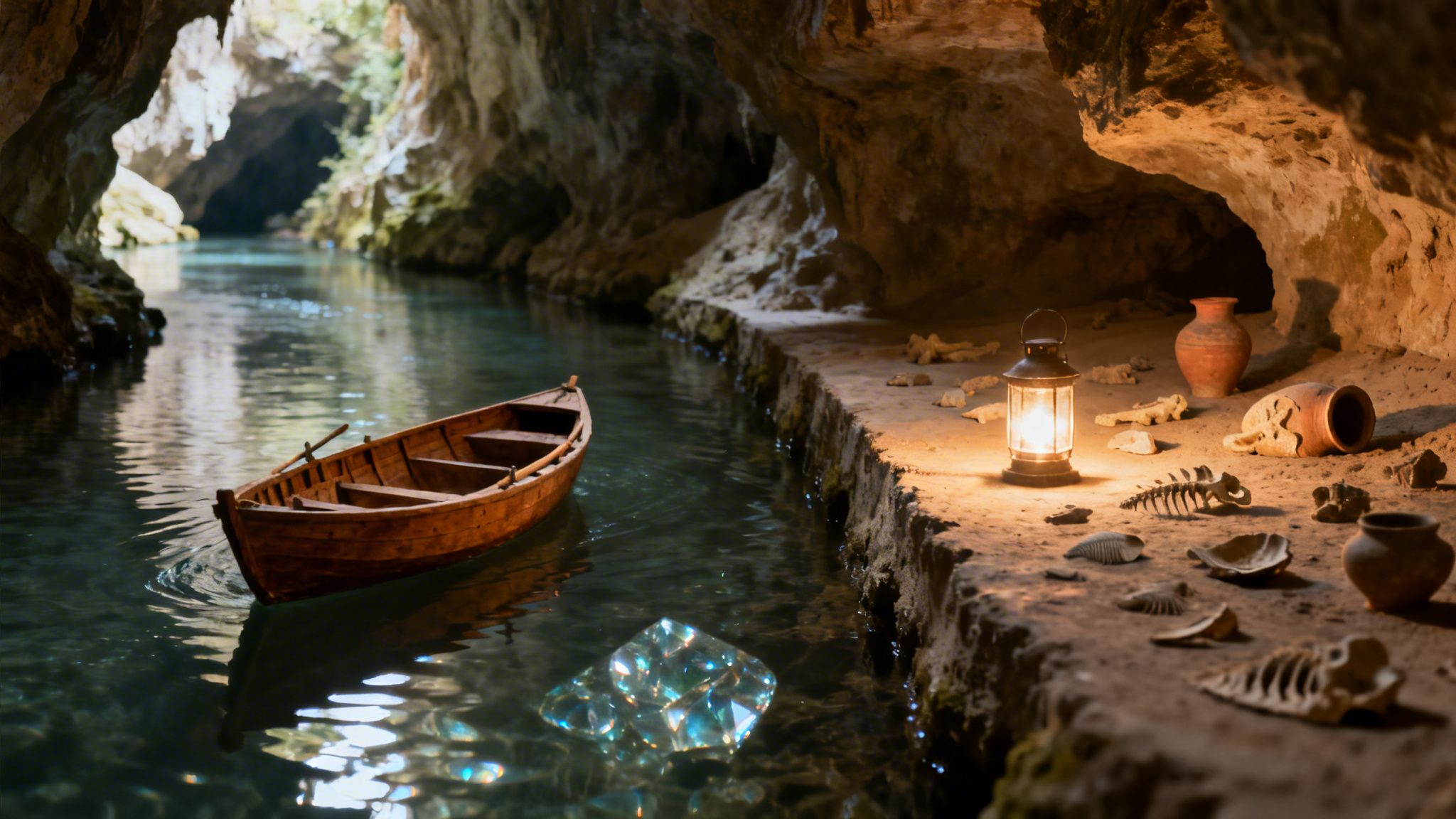 A mysterious cave scene with a wooden boat, a glowing lantern, ancient pottery, bones, and a large gem in the water.