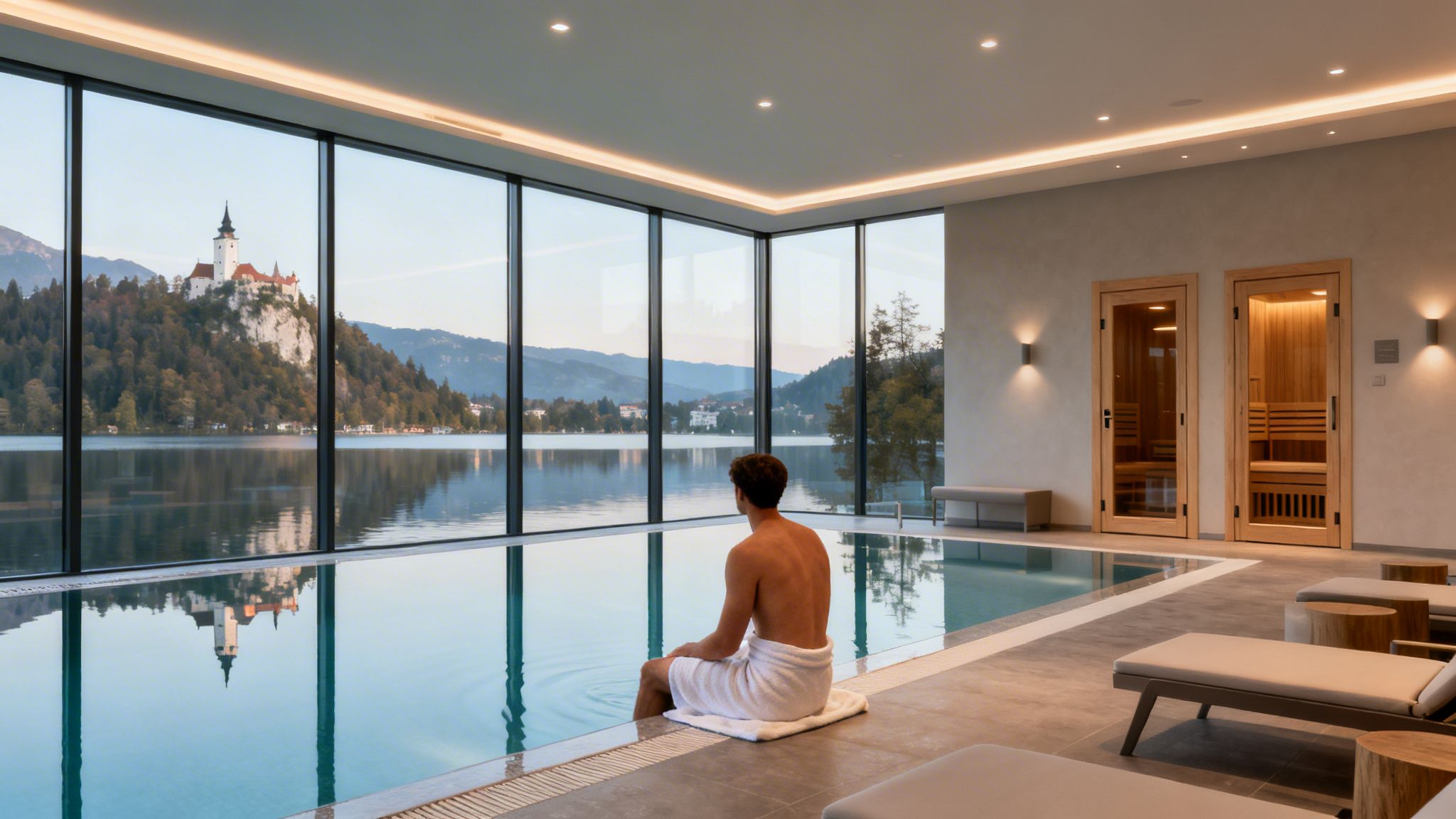 Luxurious indoor pool with panoramic views of Lake Bled and Bled Castle, featuring a man relaxing.