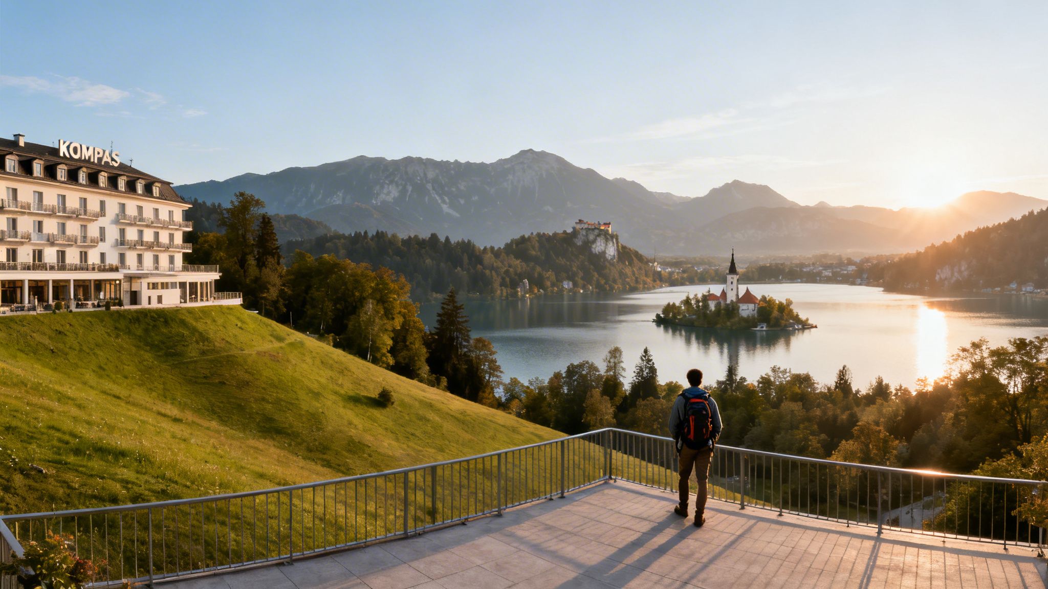 A man on a balcony at Hotel Kompas overlooking Lake Bled, Bled Island, and Bled Castle at sunrise.