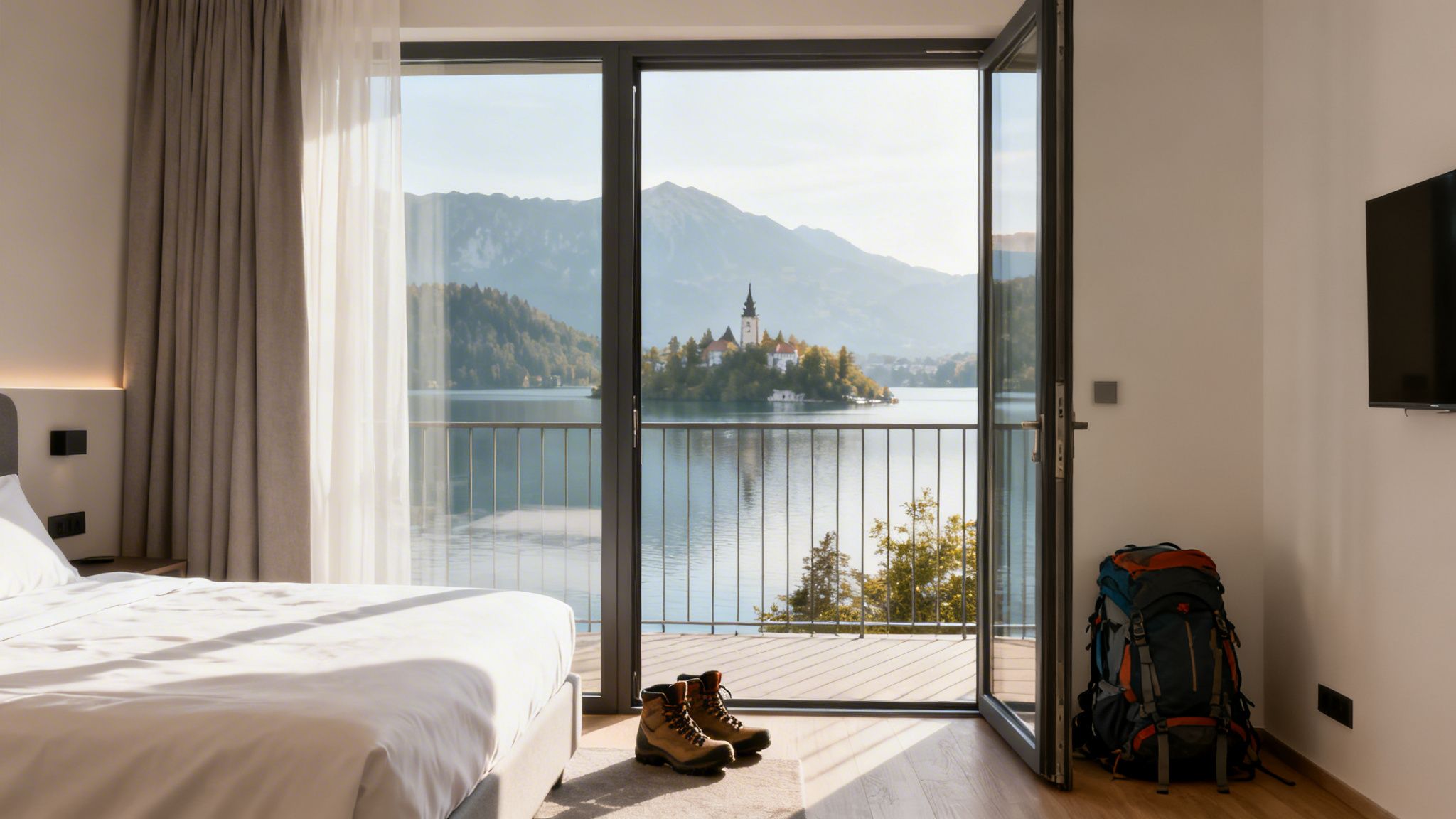 A bright hotel room with a balcony view of Lake Bled, showing hiking boots and a backpack.