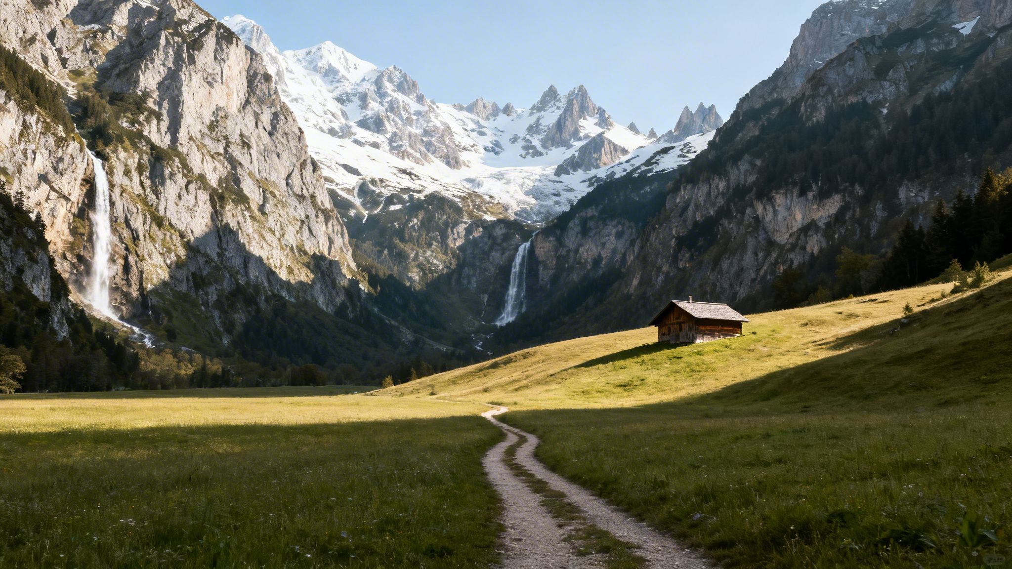 A serene alpine valley with snow-capped mountains, waterfalls, a winding path, and a rustic wooden hut.