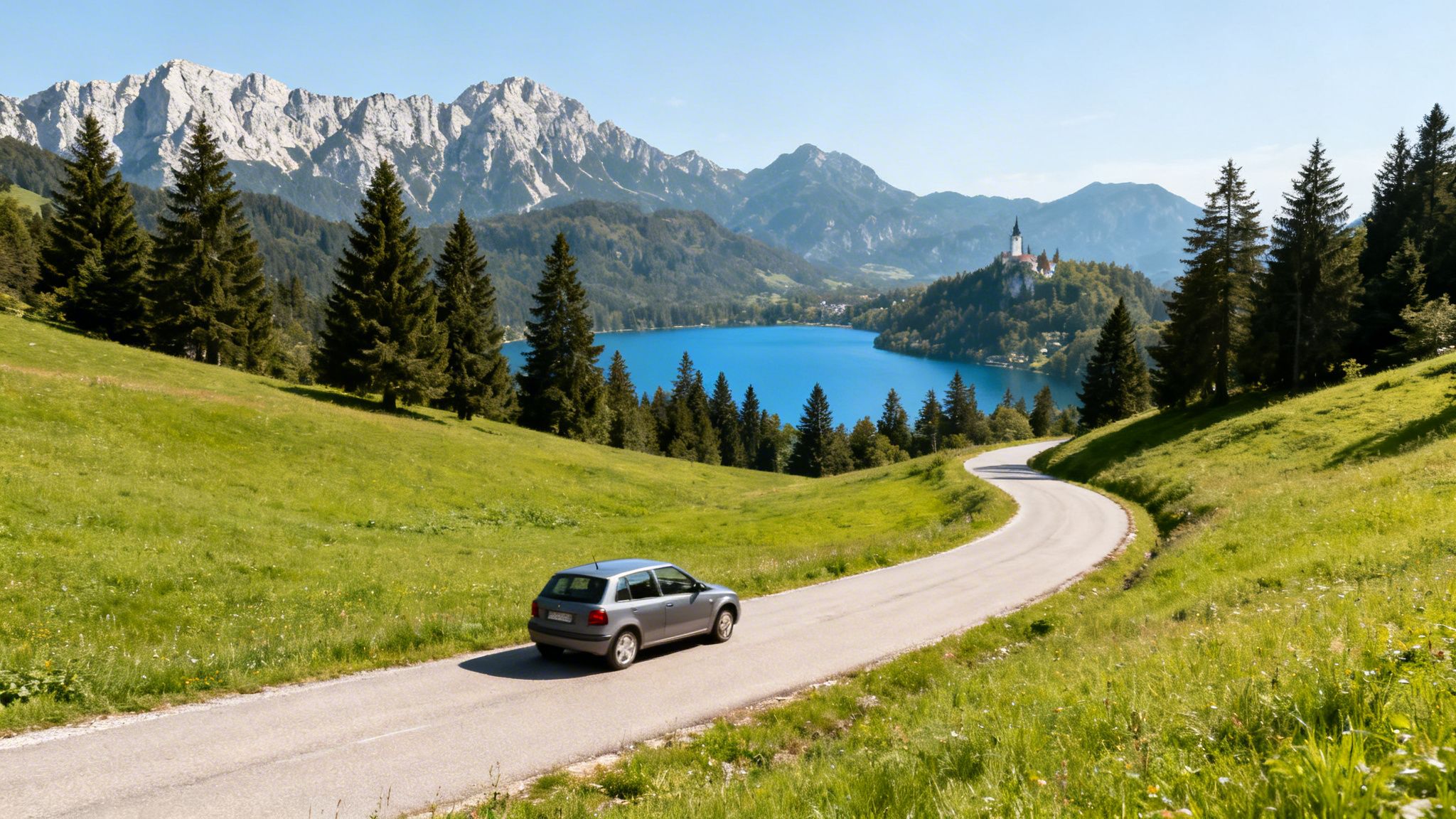 A scenic view of a grey car on a winding road overlooking Lake Bled, surrounded by green hills and mountains.
