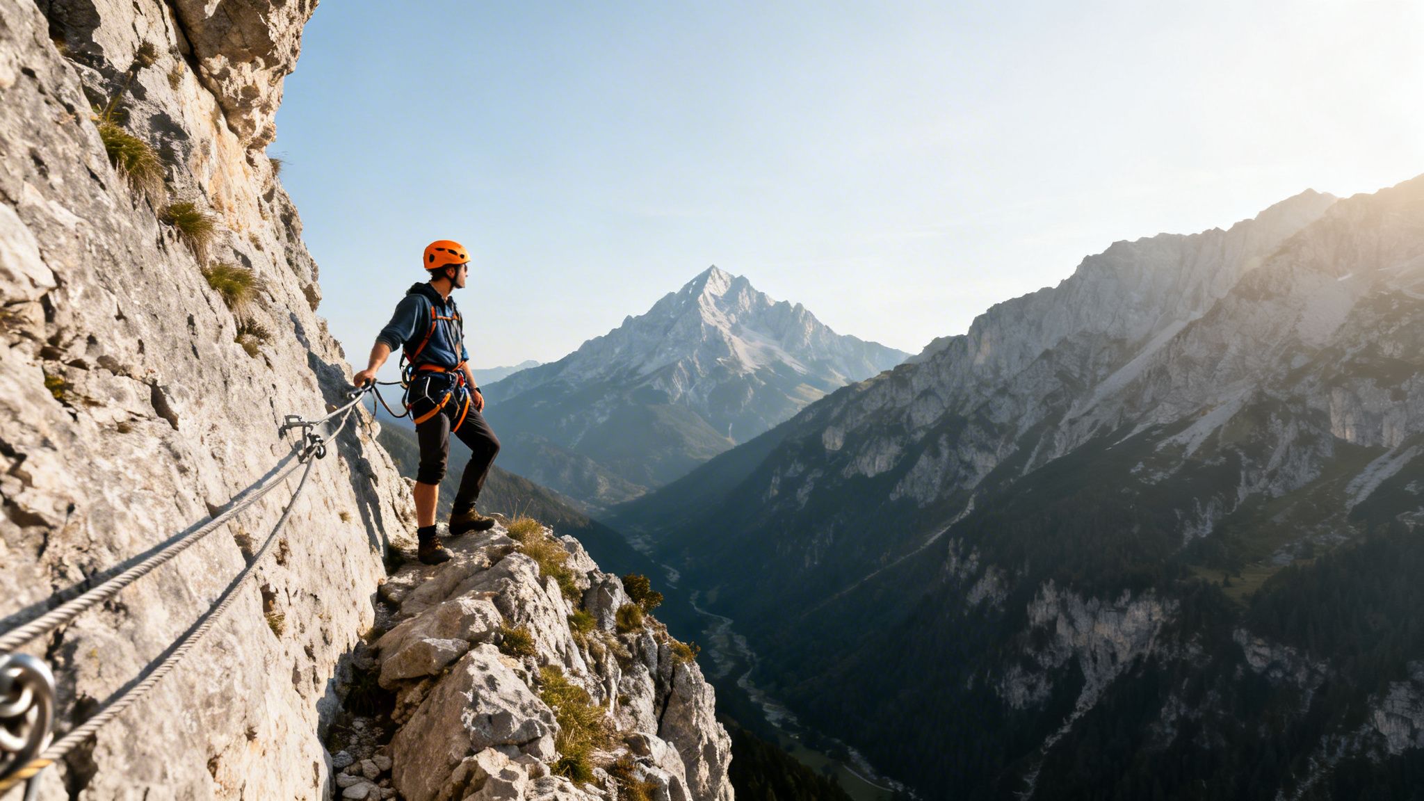A climber in helmet and harness on a via ferrata route, admiring a panoramic mountain vista.