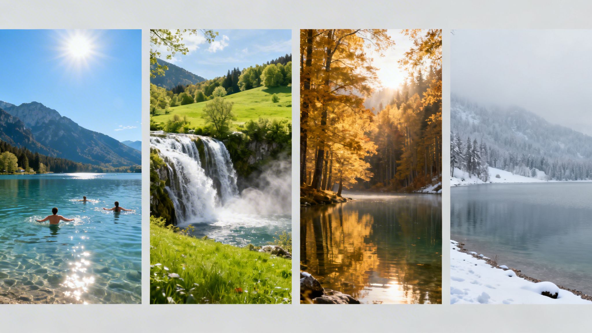 Four scenic nature panels depicting summer lake with swimmers, spring waterfall, autumn forest by a misty lake, and winter snowy lake.