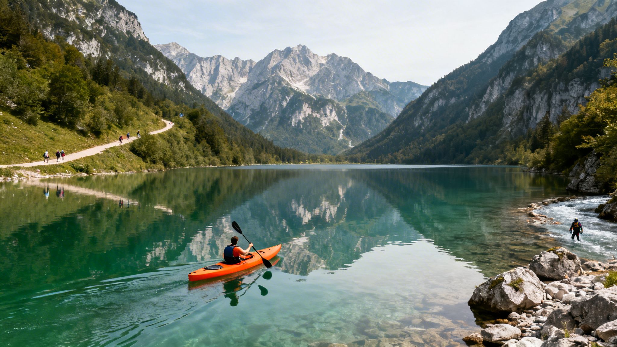 A person kayaks on a clear, turquoise mountain lake with reflections and a hiking path.