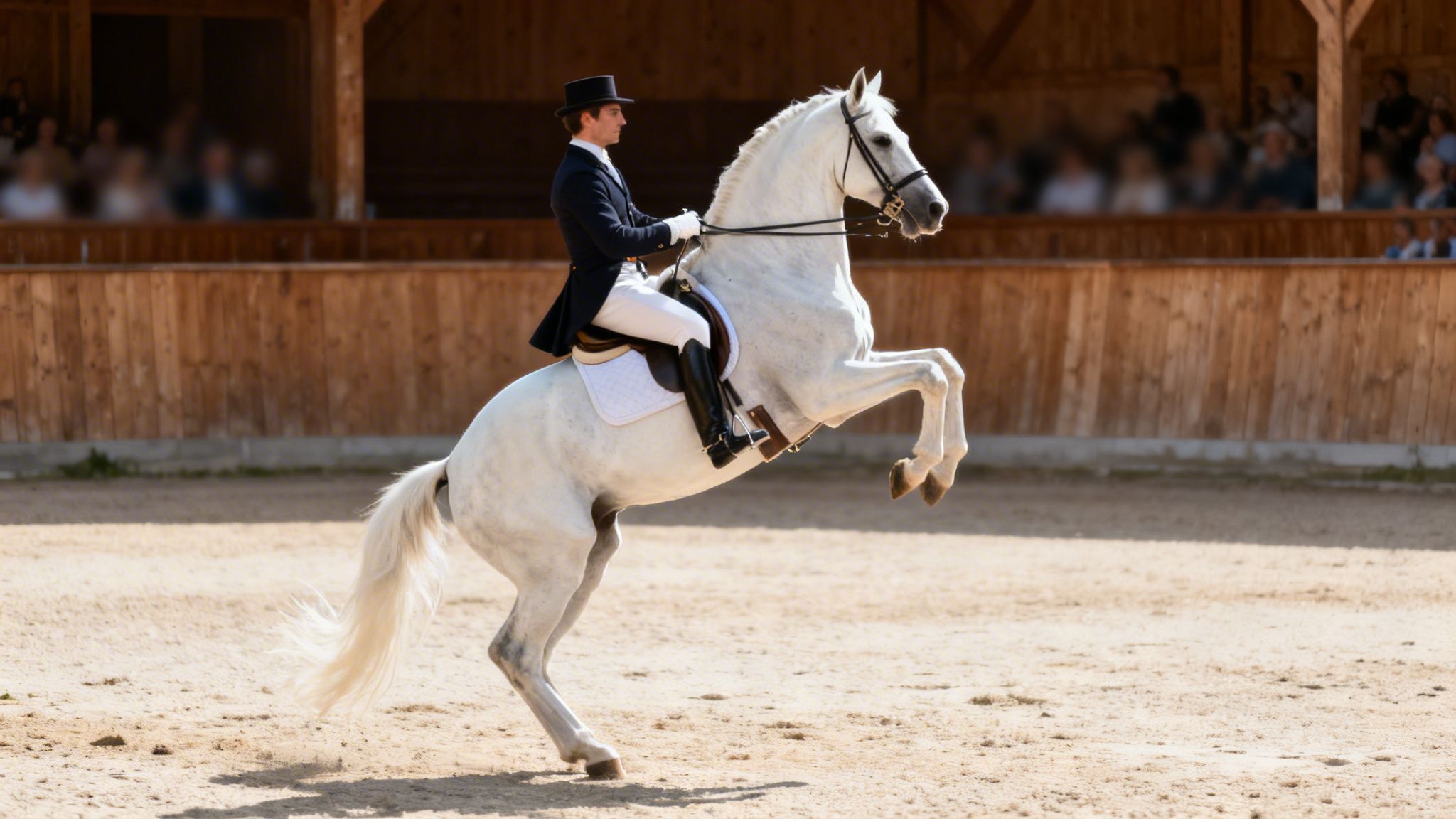 A male rider on a white Lipizzaner horse performing a classical dressage movement in an arena.