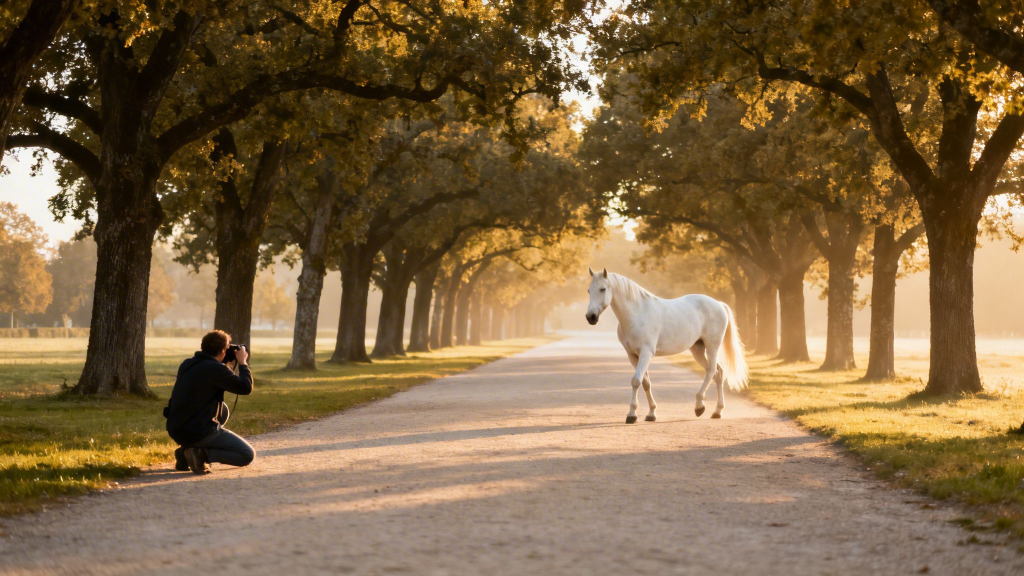A photographer captures a majestic white horse walking on a sunlit path lined with autumn trees.