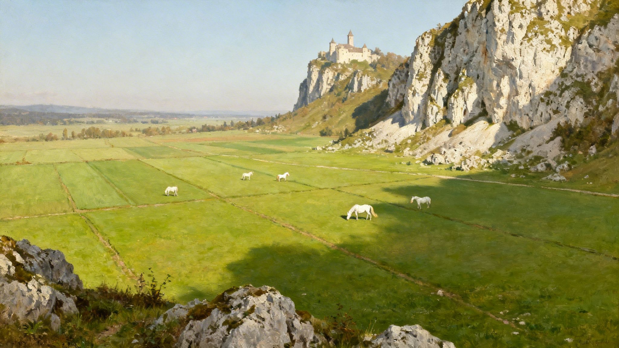 Panoramic view of a medieval castle on a cliff overlooking green fields with white horses.