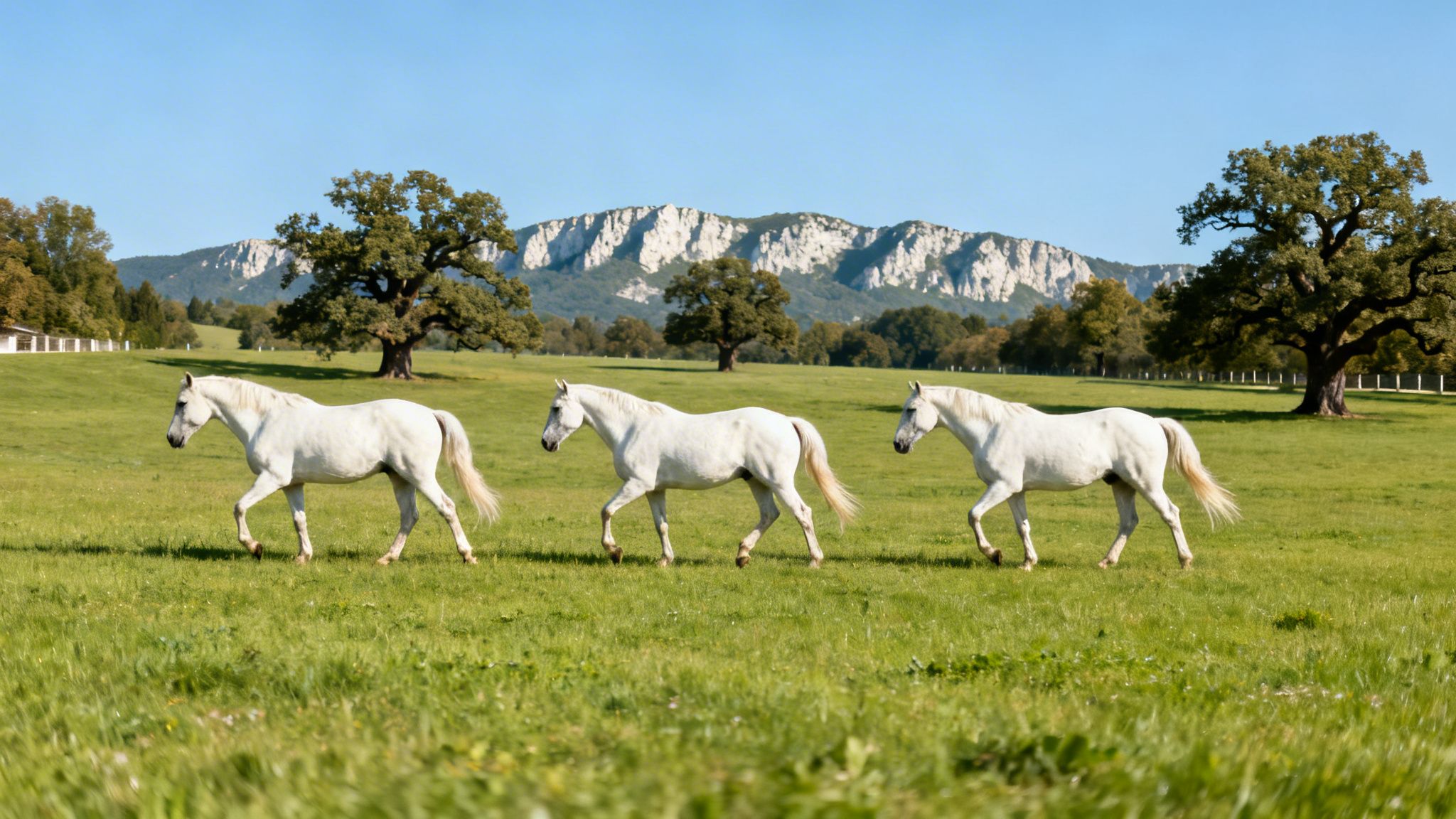 Three elegant white horses walk across a lush green field under a clear blue sky.