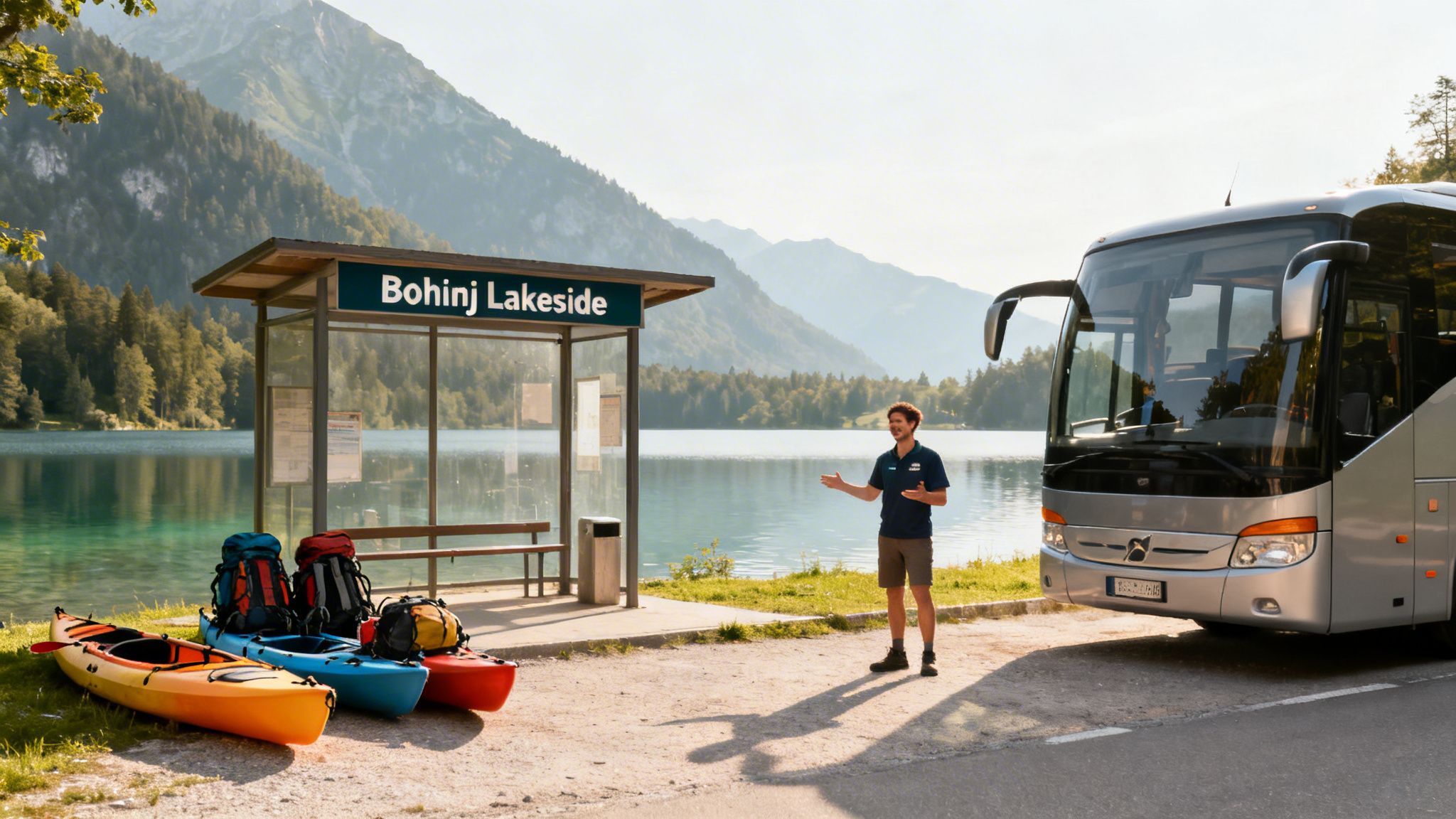 A man stands next to a silver bus at the 'Bohinj Lakeside' bus stop with kayaks and backpacks by a lake and mountains.