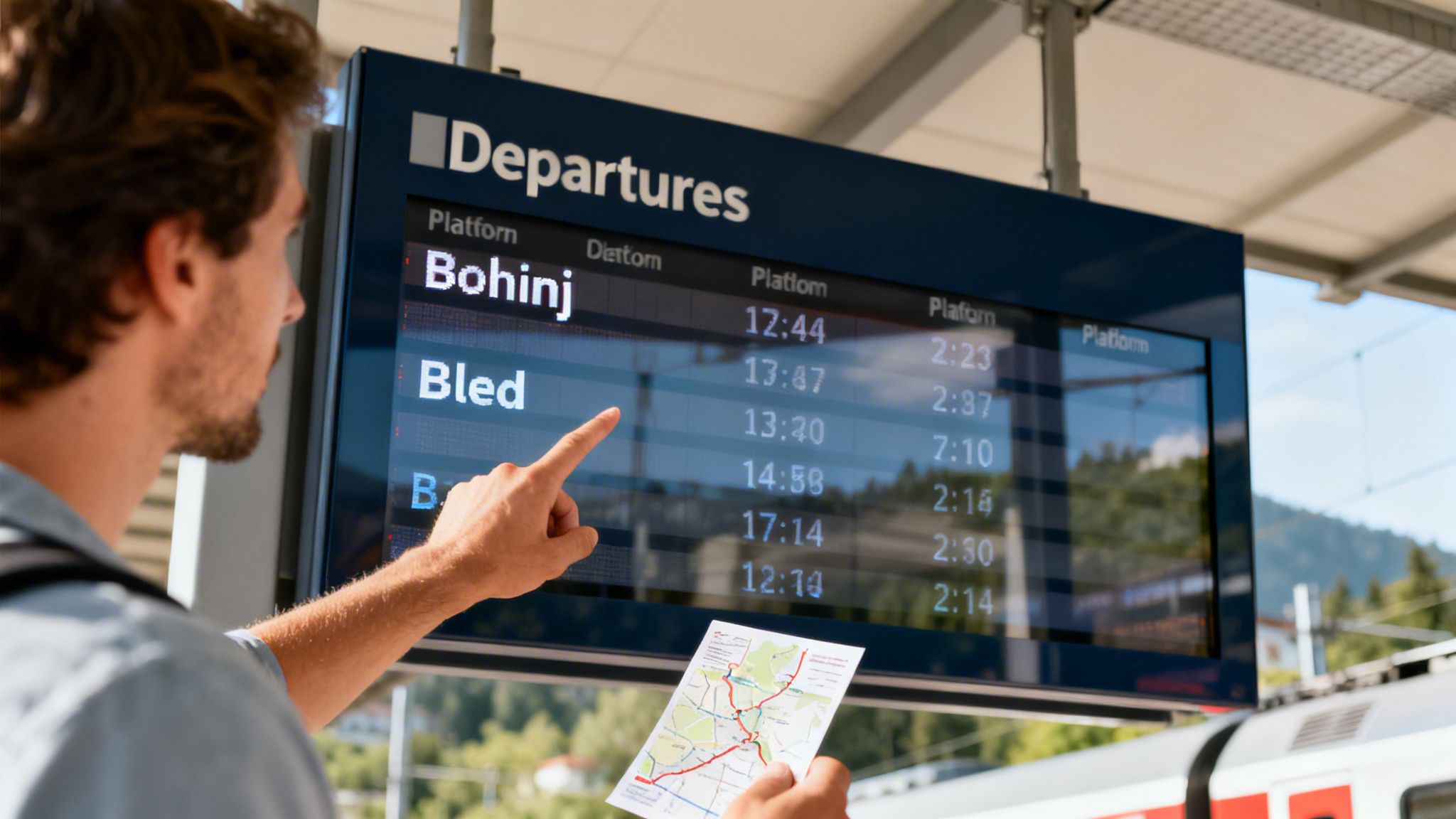 Man checking a departures board at a station, pointing to Bled, holding a travel map.
