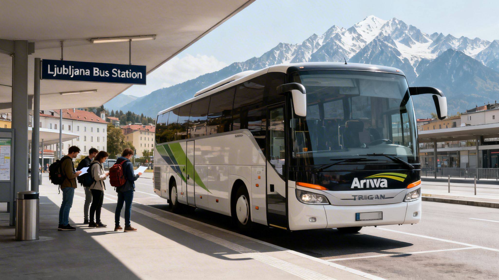 Travelers wait at Ljubljana Bus Station for a white Arriva bus with snowy mountains behind.