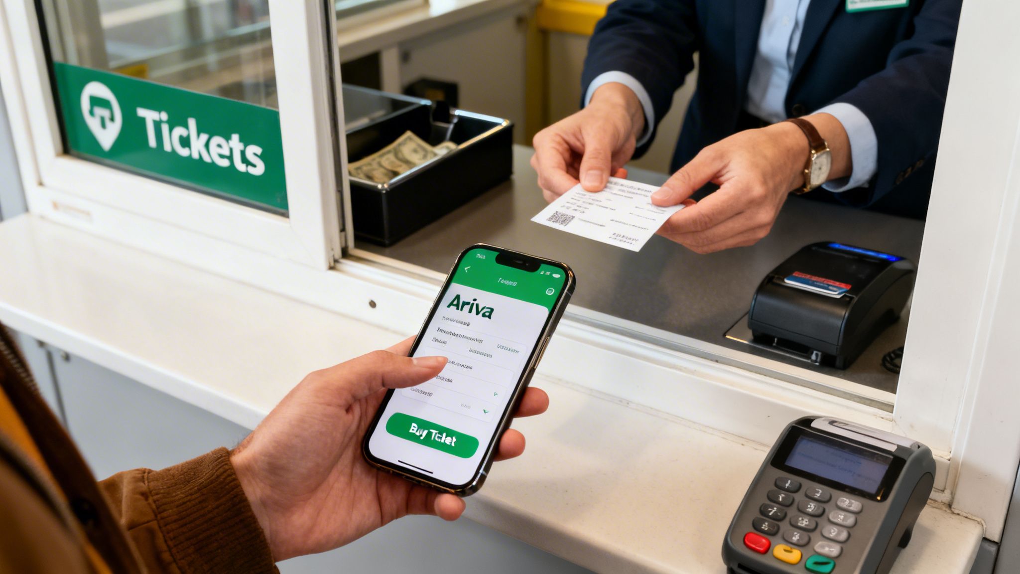 Customer holds phone with Ariva app, as a ticket agent hands over a printed ticket at a counter.