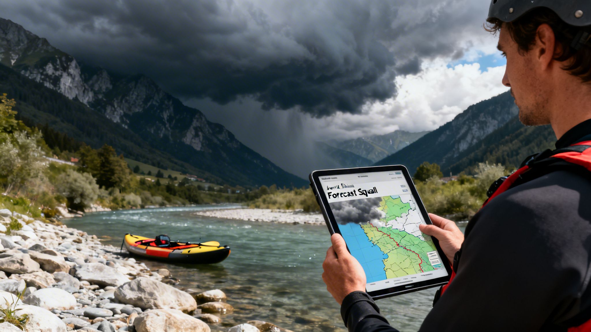Man in a helmet checking weather forecast on a tablet by a river with a kayak and stormy mountains.