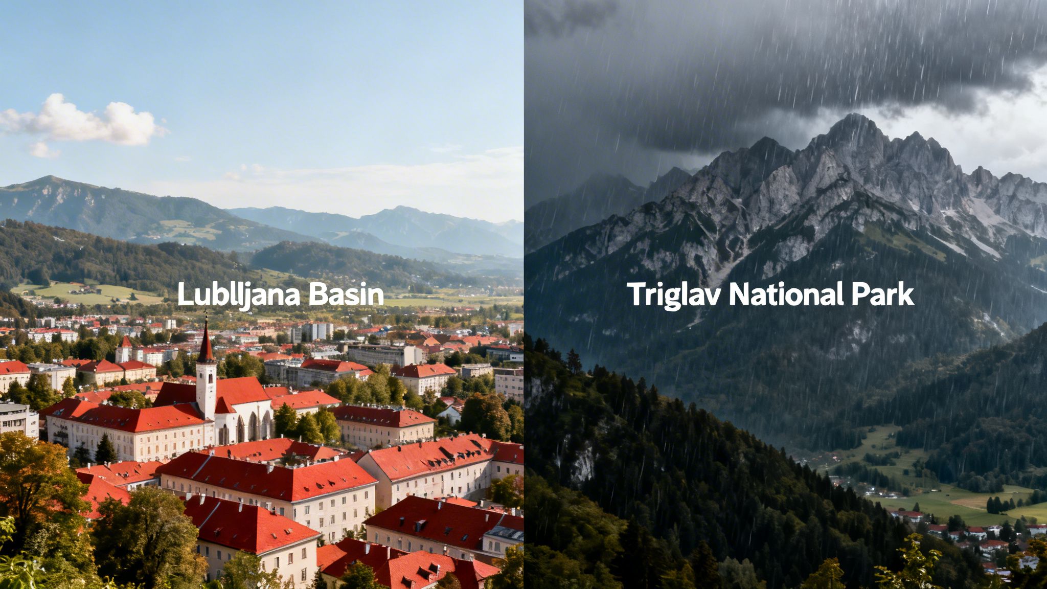 Split image showing sunny Ljubljana Basin with red roofs and rainy Triglav National Park mountains.