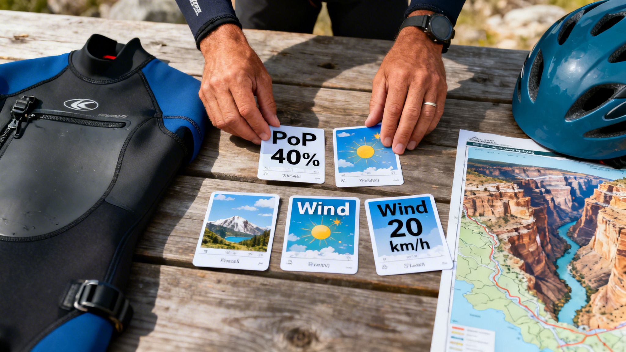 Hands arranging weather forecast cards on a wooden table with a wetsuit, helmet, and canyon map.