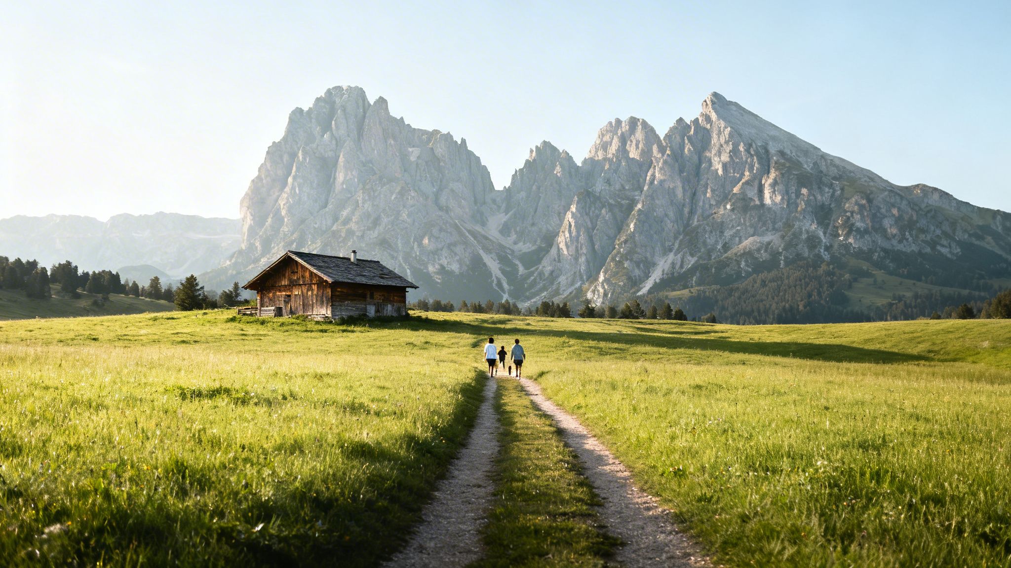 Three people walk on a path towards a wooden cabin in a vast green field with majestic mountains.
