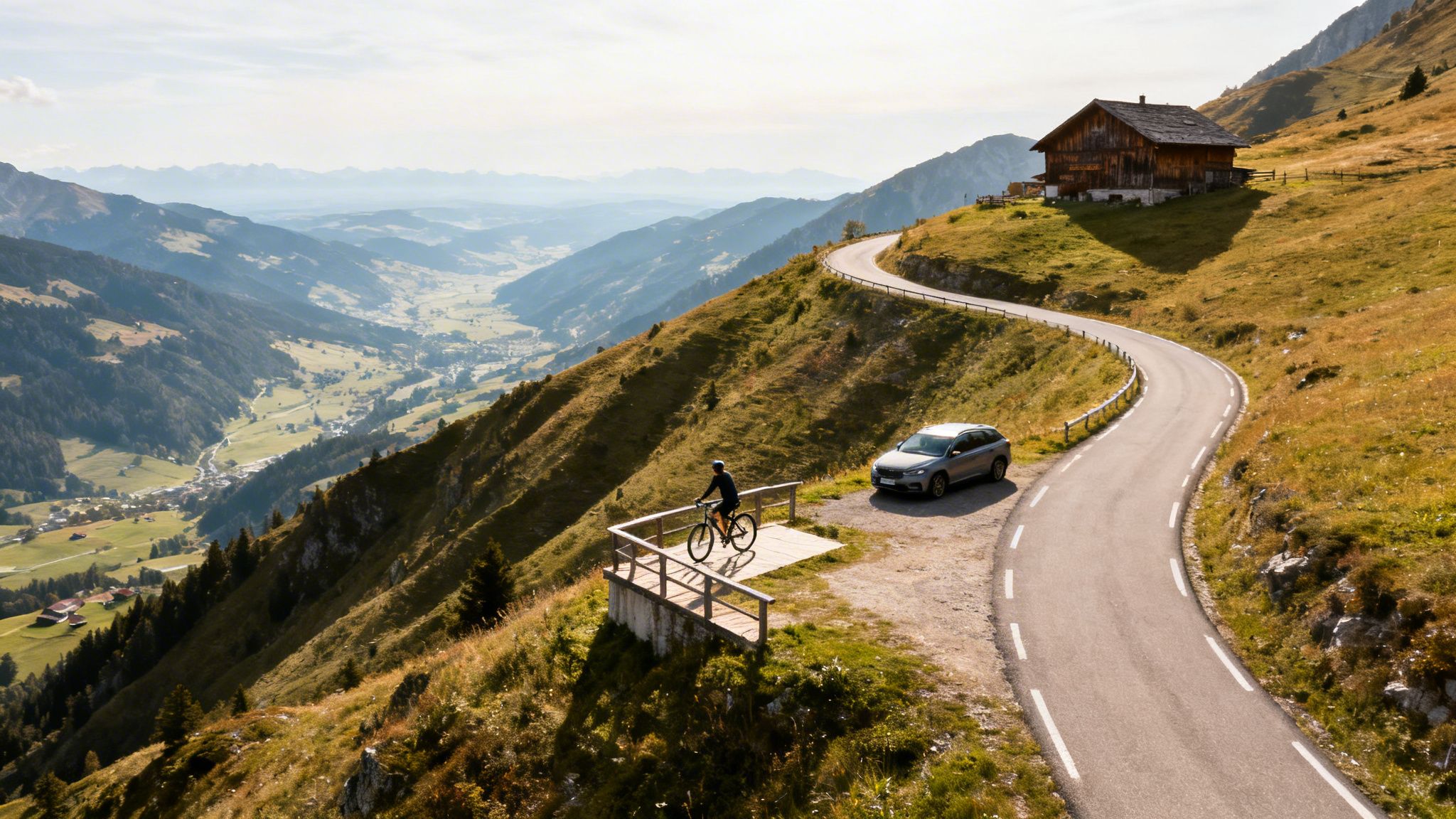 A person on a bike at a mountain viewpoint overlooking a valley with a winding road.