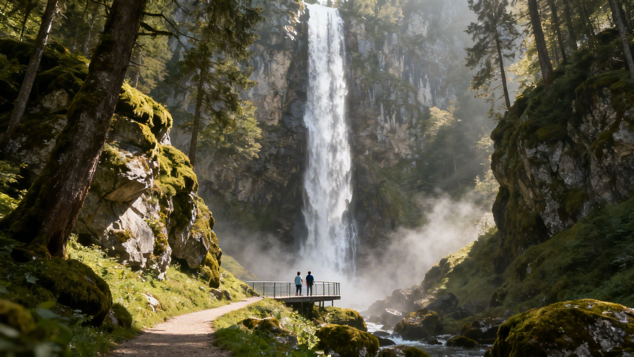 Two people on a viewing platform admire a majestic waterfall amidst lush green forest and misty air.