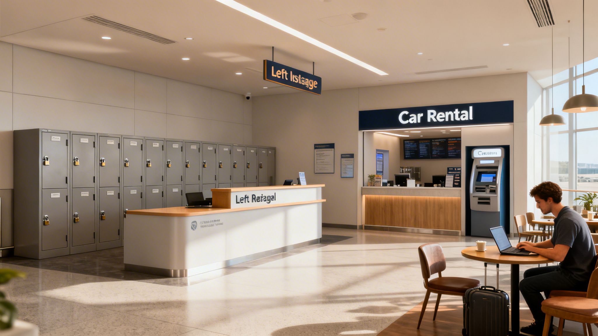 A man works on a laptop in a bright airport lounge with left luggage lockers and a car rental desk.