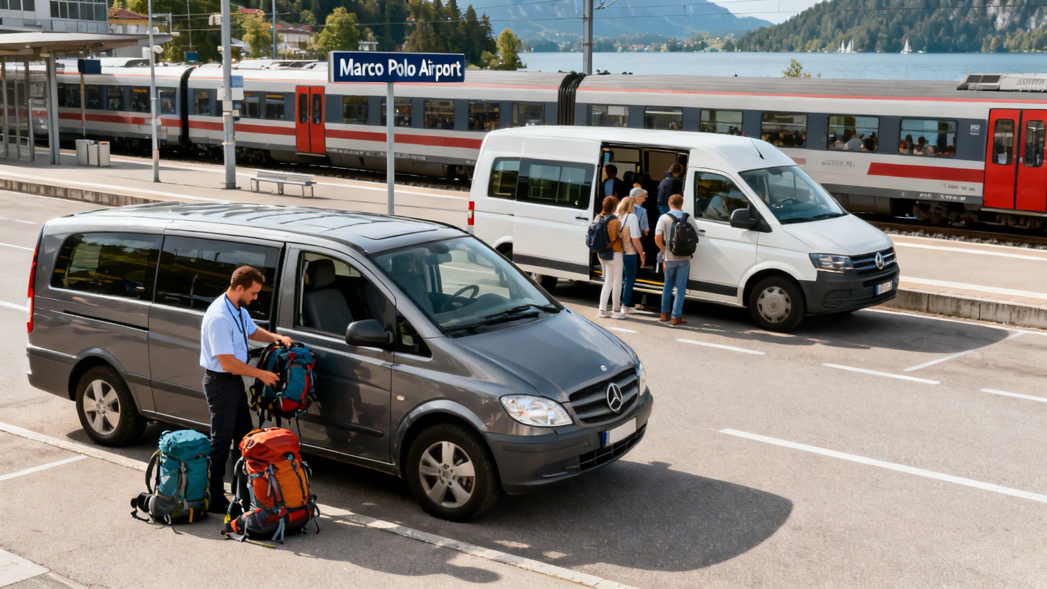 Travelers loading backpacks into shuttle vans at a scenic train station by a lake.