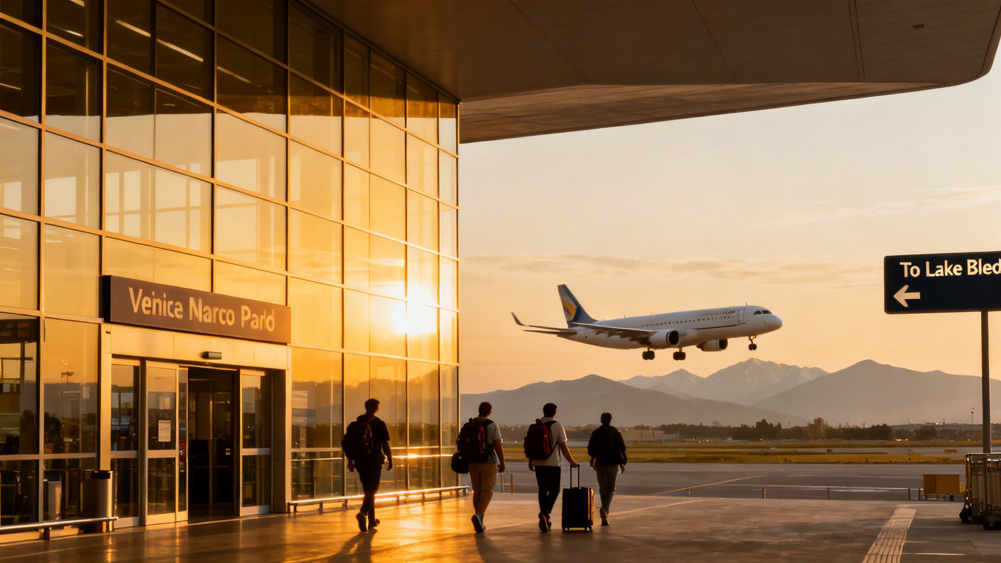 Sunset view of an airport terminal with 'Venice Marco Paró' sign. People walk as a plane lands, mountains in background.