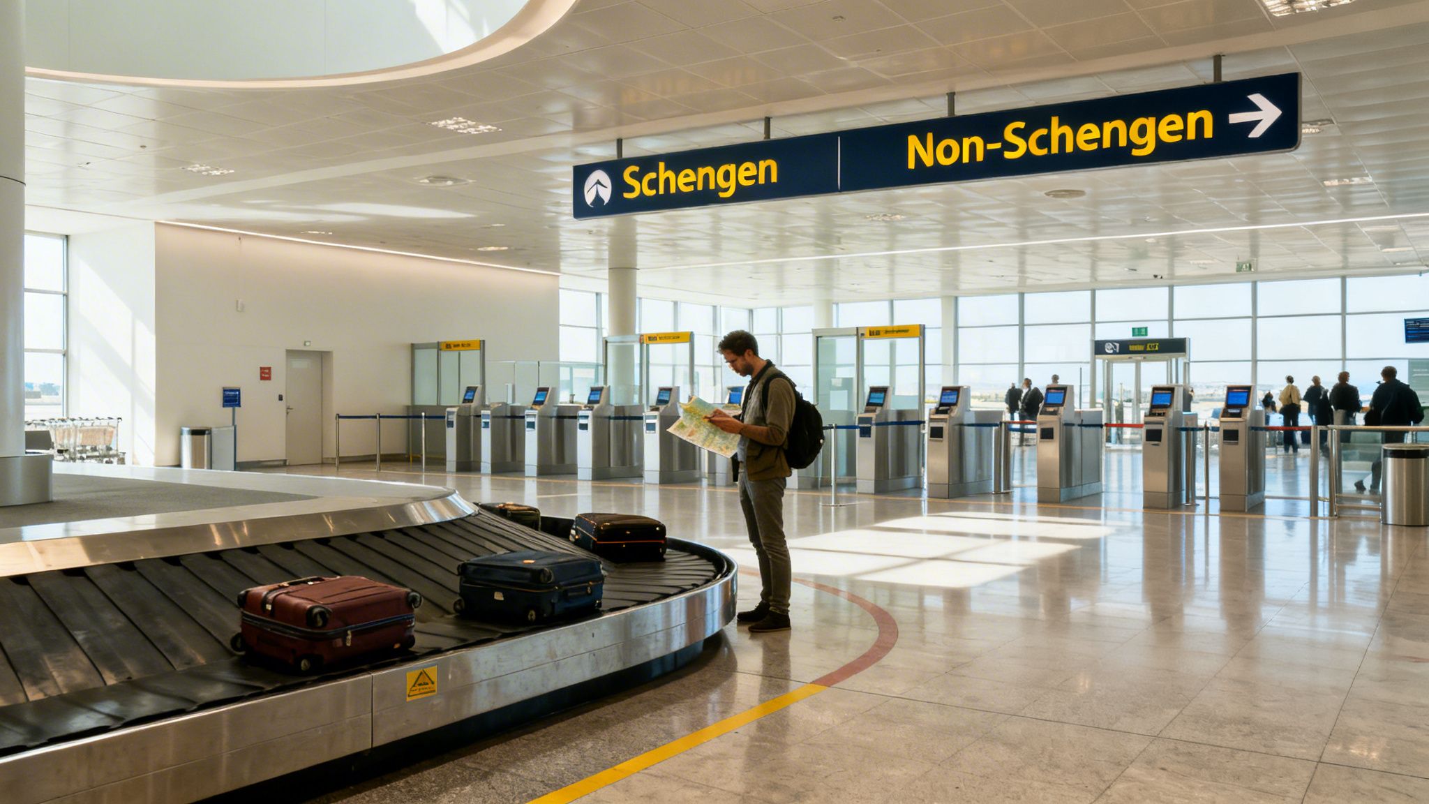 Traveler looking at a map near a baggage claim carousel in a modern airport terminal with signs.