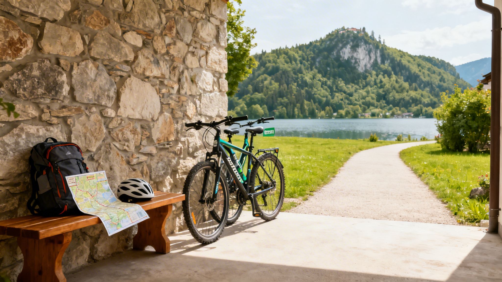 Two bicycles, a backpack, map, and helmet on a bench by Lake Bled with a castle hill.