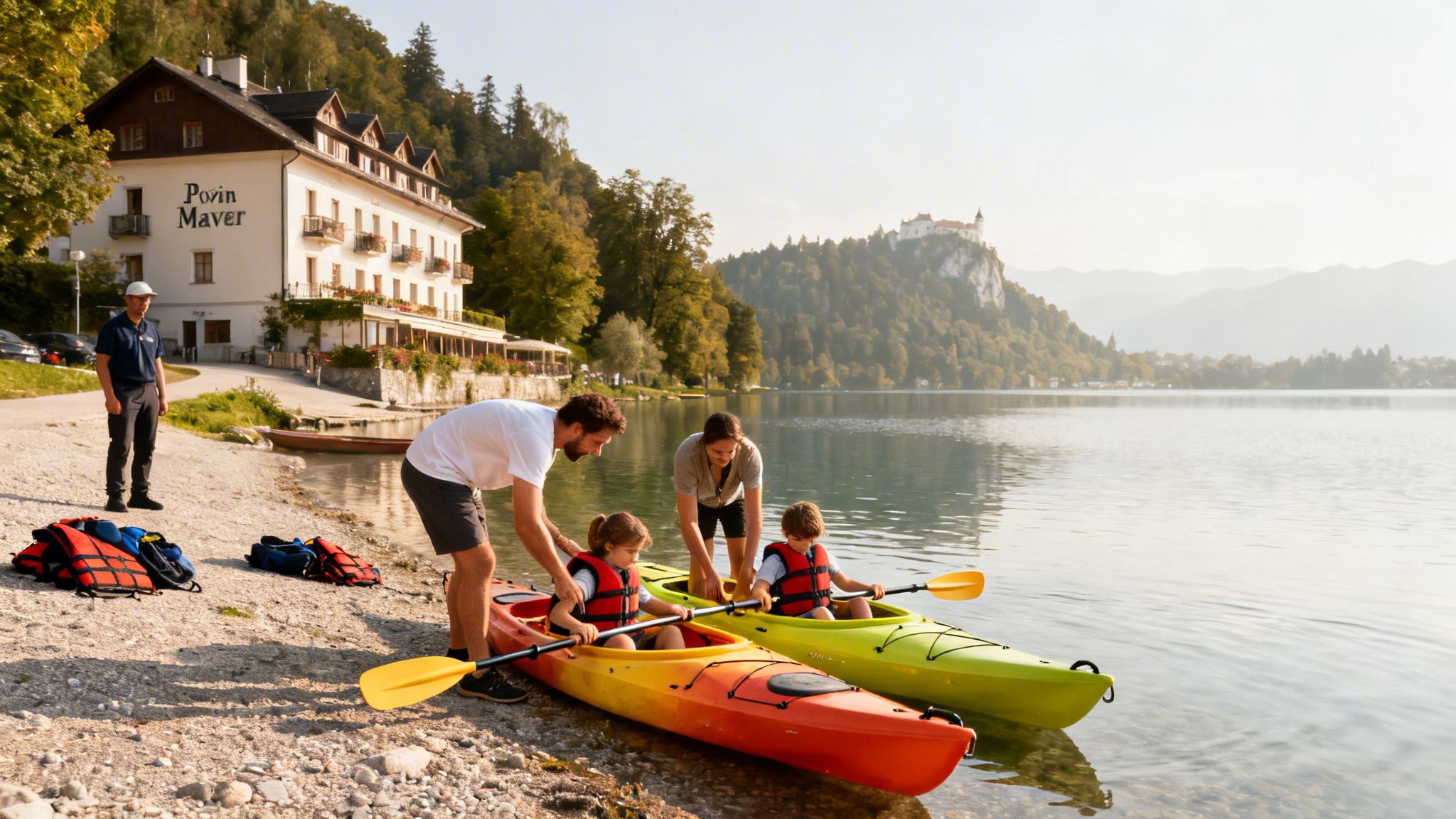 A family with two children preparing to kayak on Lake Bled, with Penzion Mayer and Bled Castle in the background.