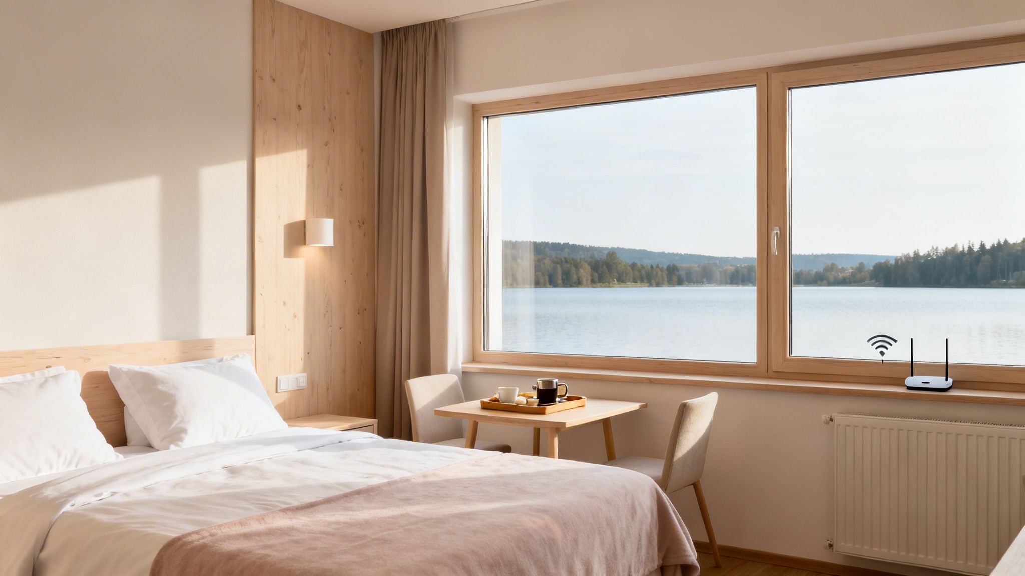 Modern hotel room with a lake view, featuring a comfortable bed, dining table, and WiFi.