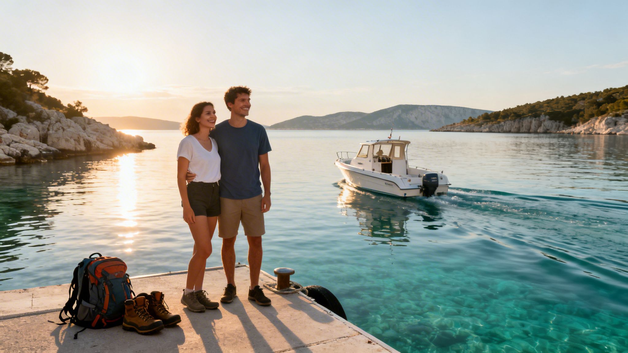 A happy couple stands on a pier at sunset, admiring a boat in crystal clear water, ready for adventure.