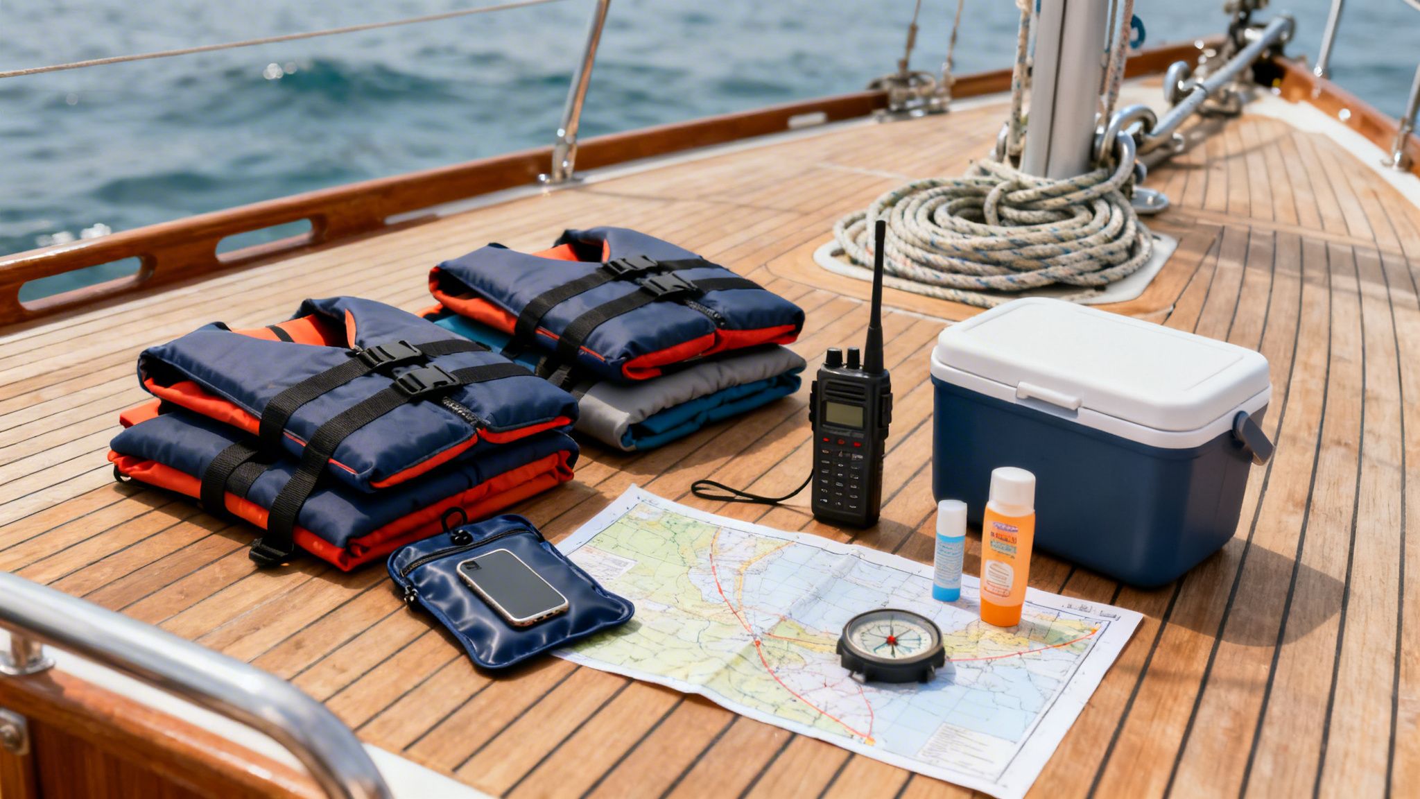 Boat deck with life jackets, cooler, map, radio, and compass, ready for a sea adventure.