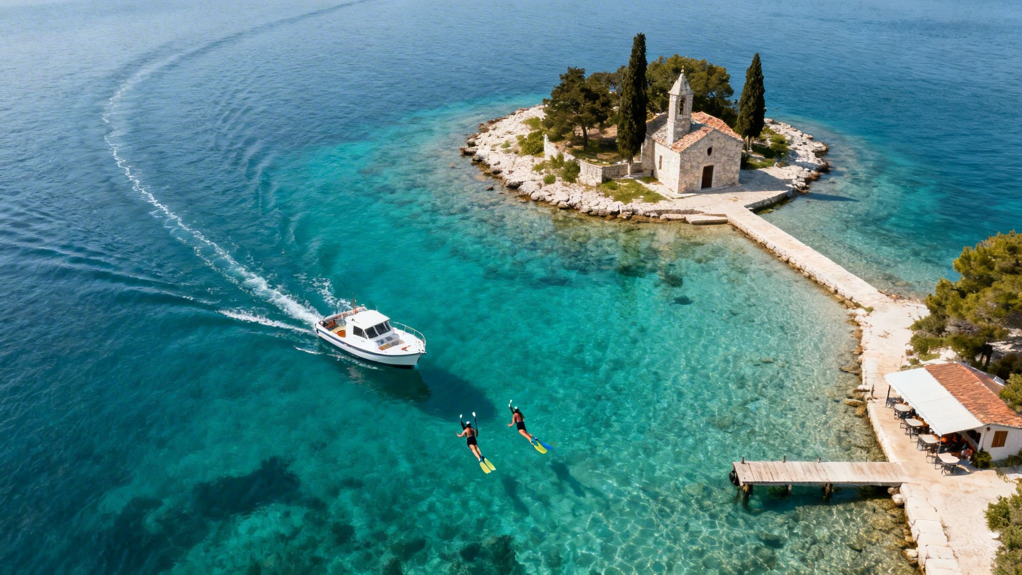 Aerial view of a historic island church, a boat, and two snorkelers in crystal clear blue waters.