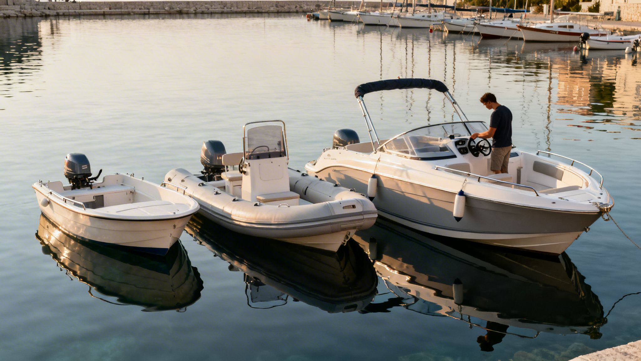 Three motorboats, with a man on one, docked in a calm harbor at golden hour.