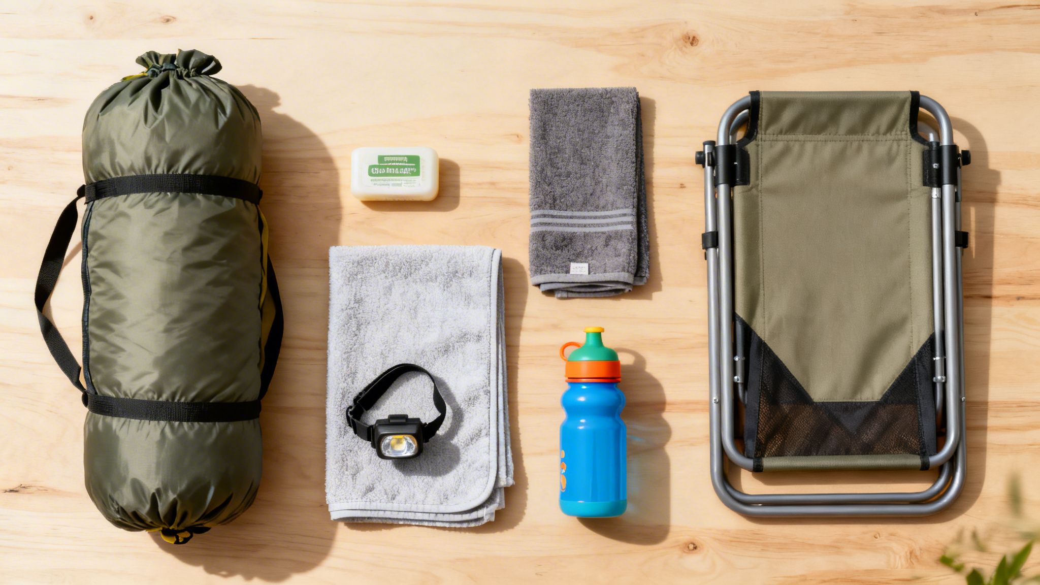 A flat lay of essential river camping gear: a rolled tent, towels, soap, headlamp, water bottle, and folding chair on wood.