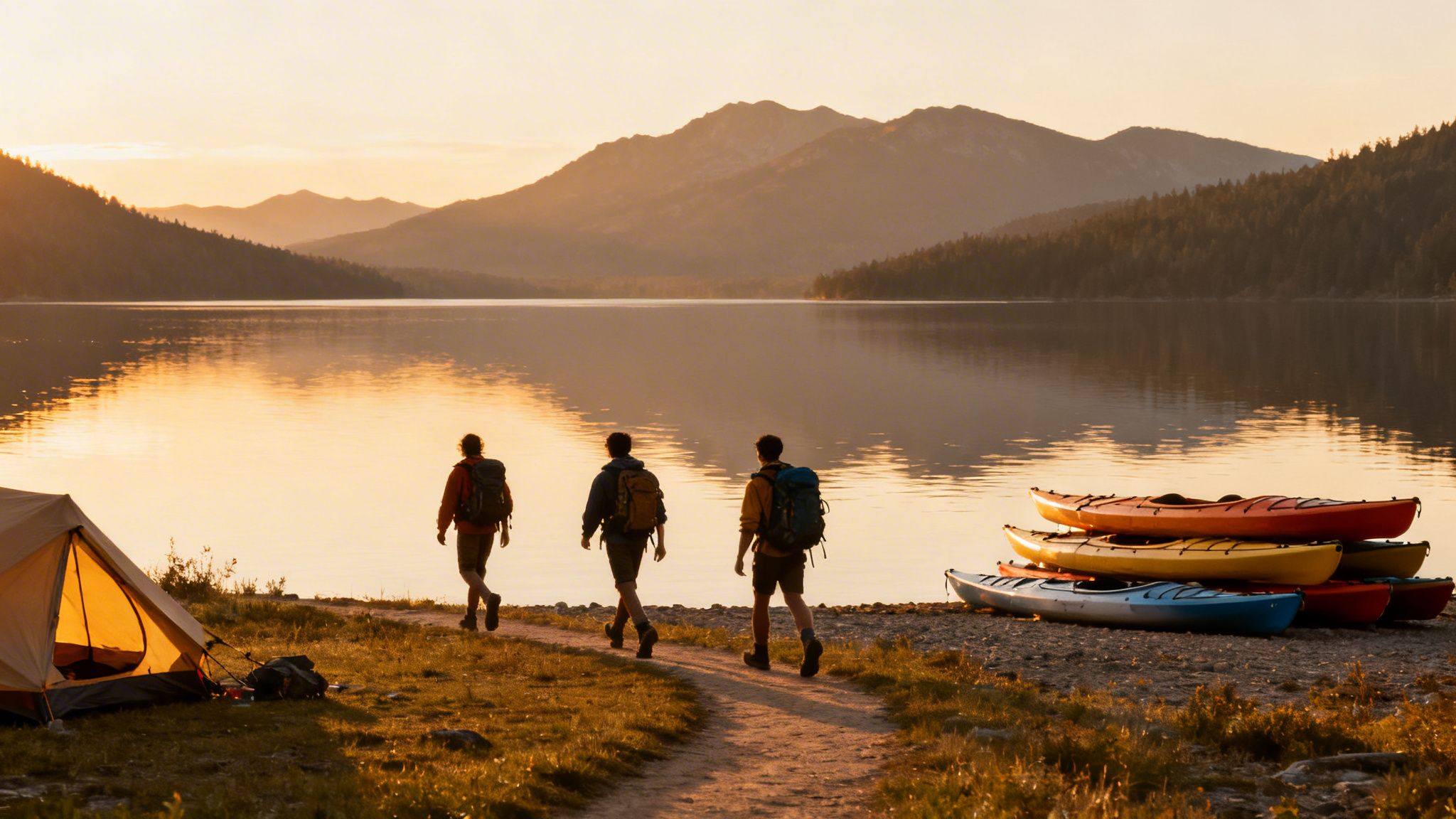 Three hikers walk by a tent and stacked kayaks next to a serene lake at sunset.